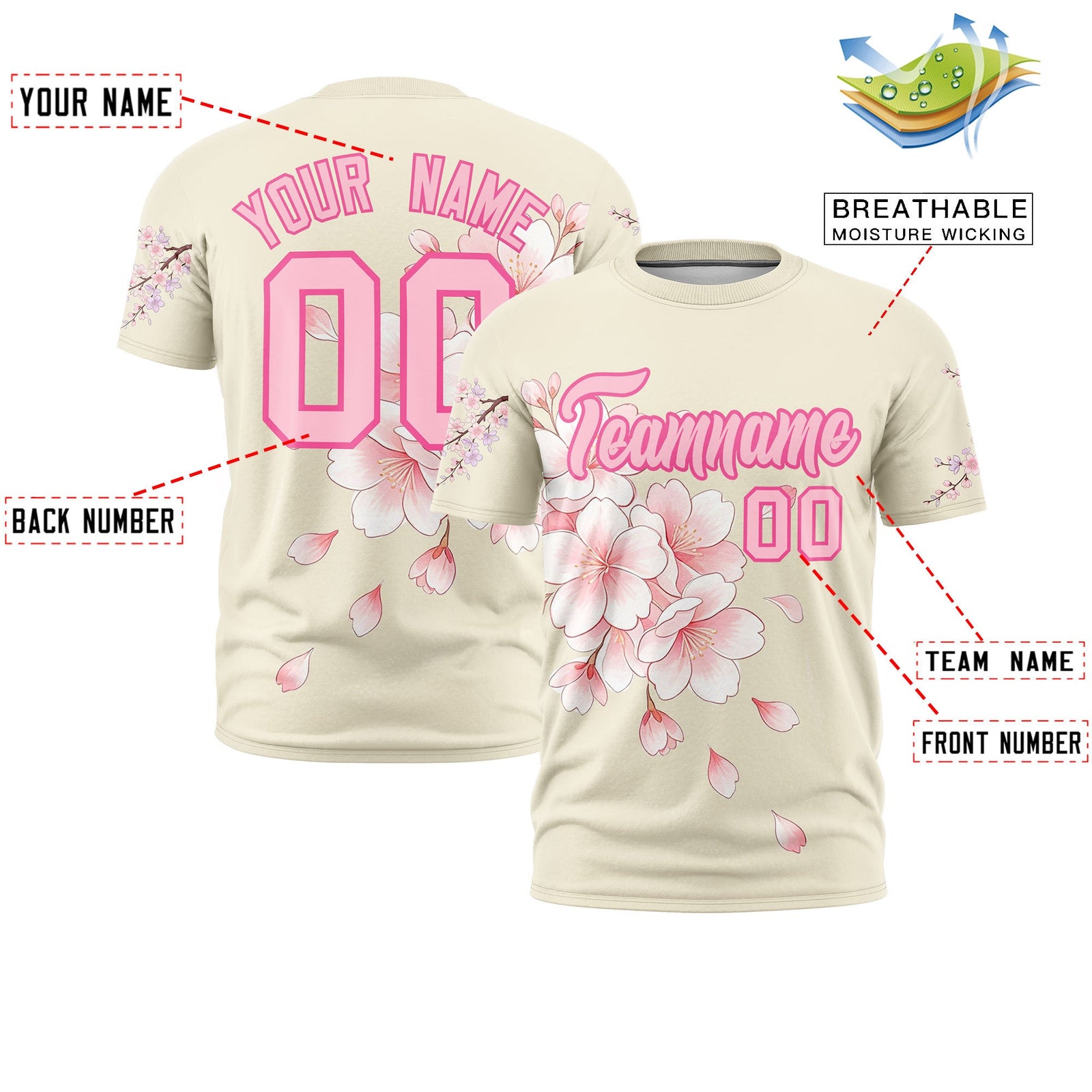 Custom Light Khaki Light Pink Pink Cherry Blossoms Personalization Moisture-Wicking T-shirt| KXKSHOP