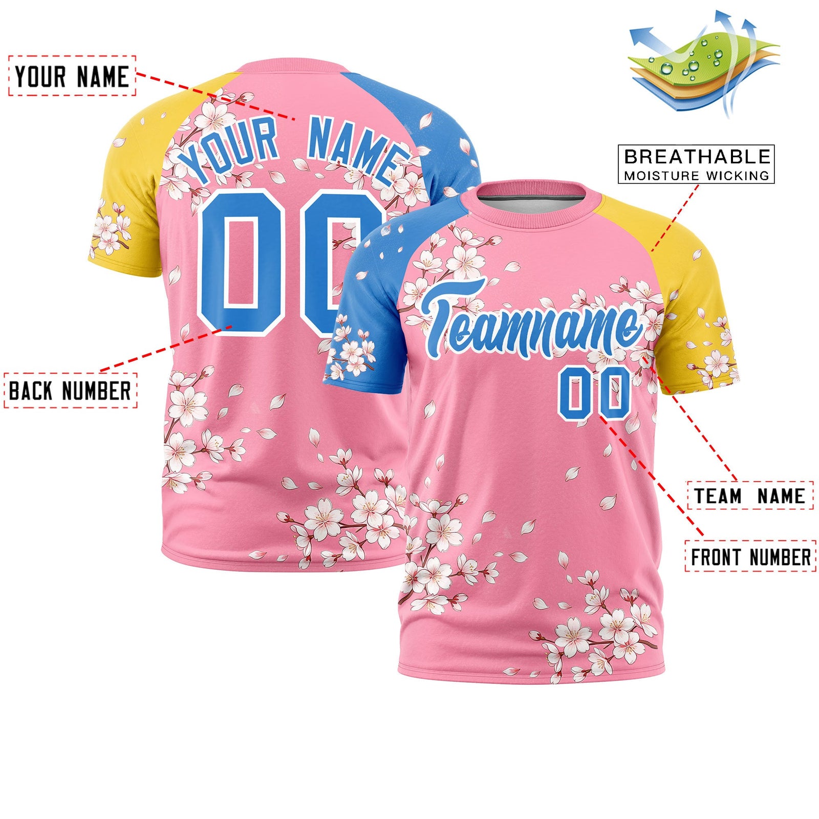 Custom Light Pink Light Blue Gold Cherry Blossoms Personalization Stretch Fabric T-shirt| KXKSHOP