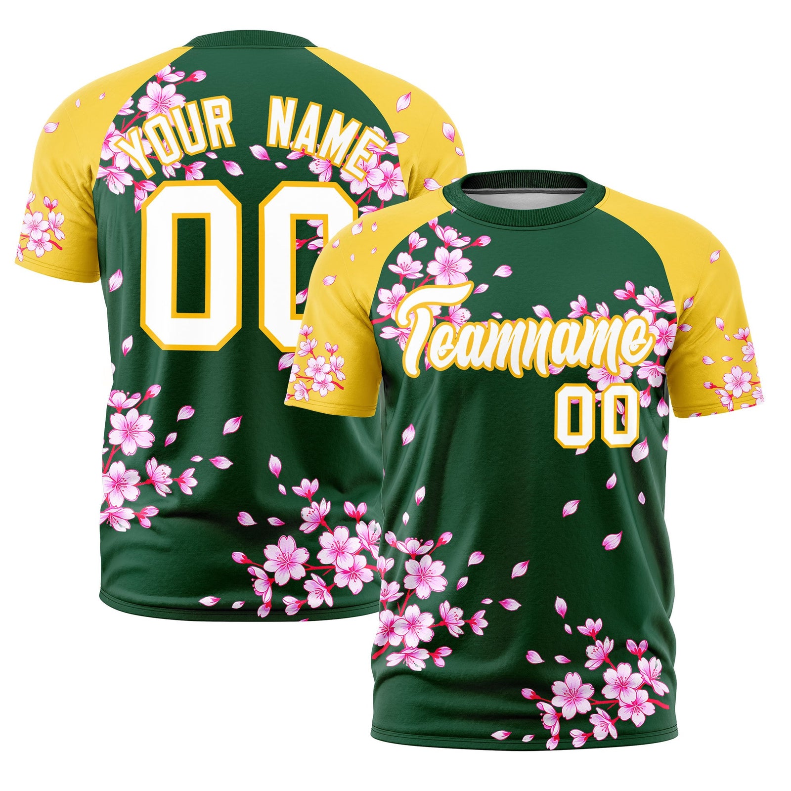 Custom Dark Green Gold White Cherry Blossoms Personalization Stretch Fabric T-shirt| KXKSHOP