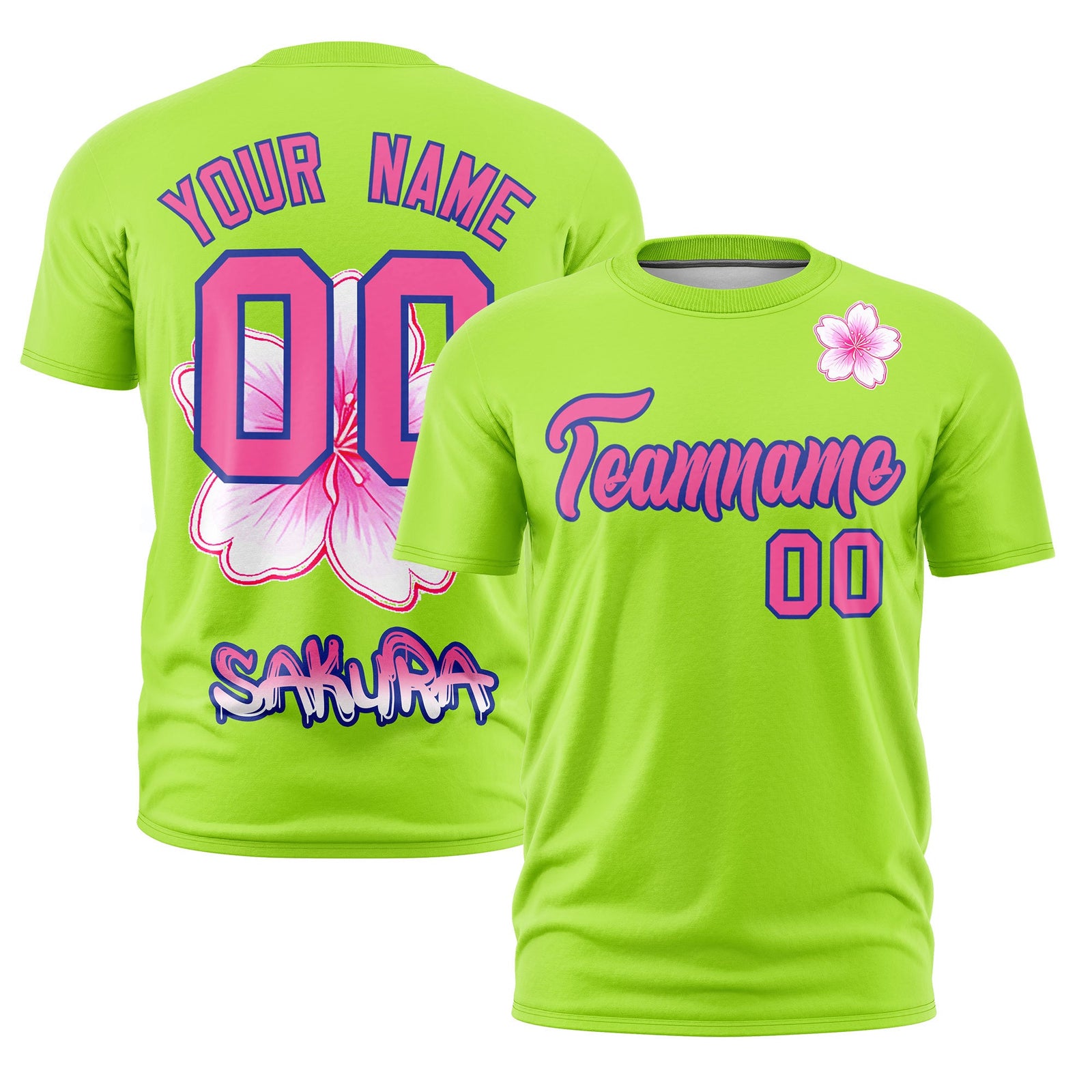 Custom Neon Green Pink Royal Blue Cherry Blossoms Personalization Stretch Fabric T-shirt| KXKSHOP