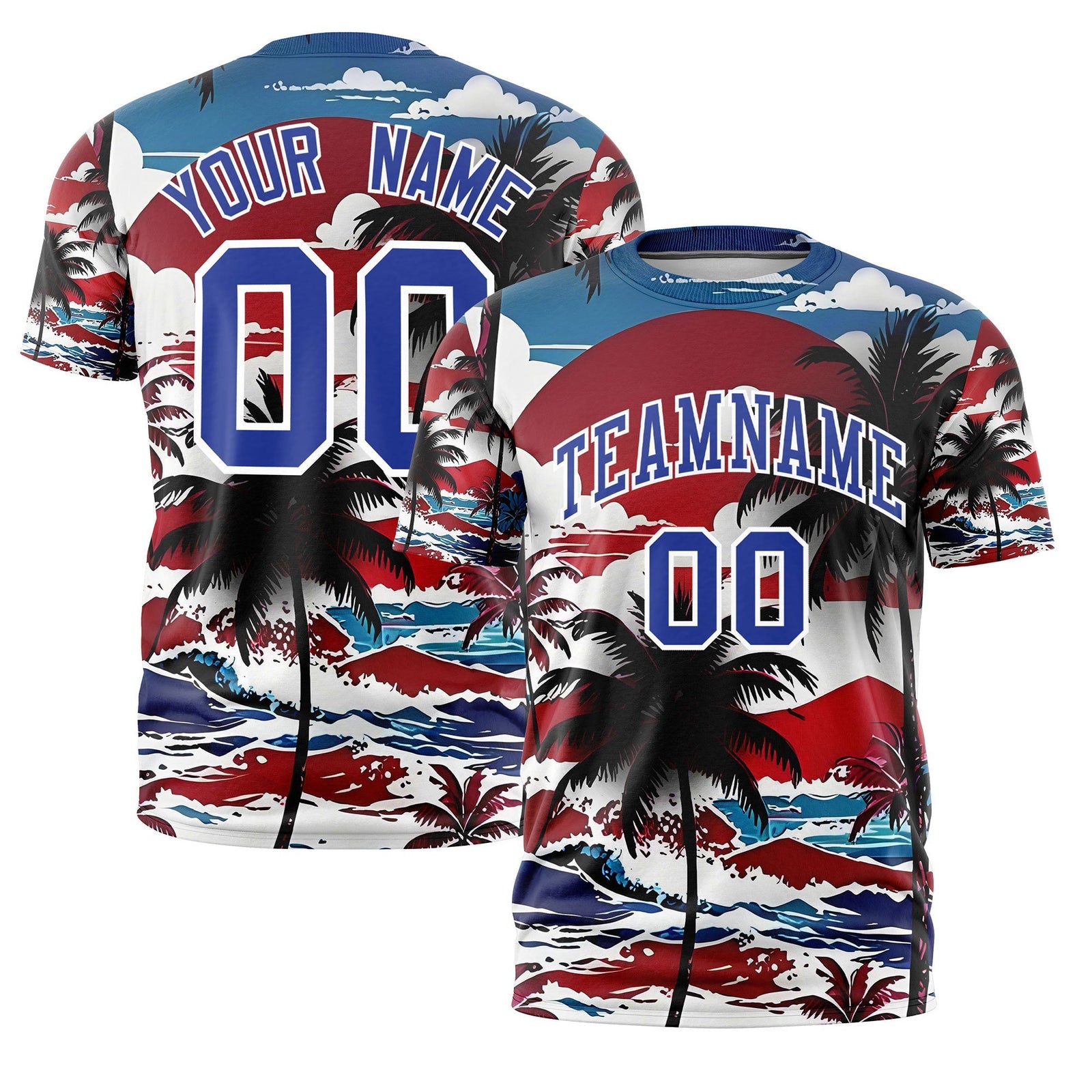 Custom Royal Blue White Graffiti Pattern Hawaiian Style T-shirt| KXKSHOP