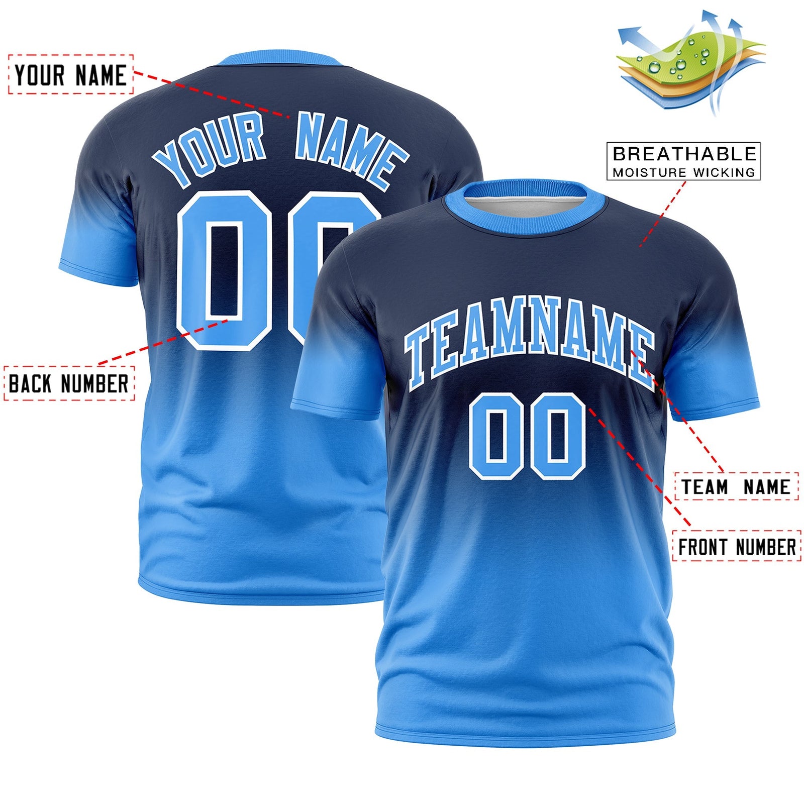 Custom Navy Powder Blue White Gradient Fashion Lightweight T-shirt| KXKSHOP