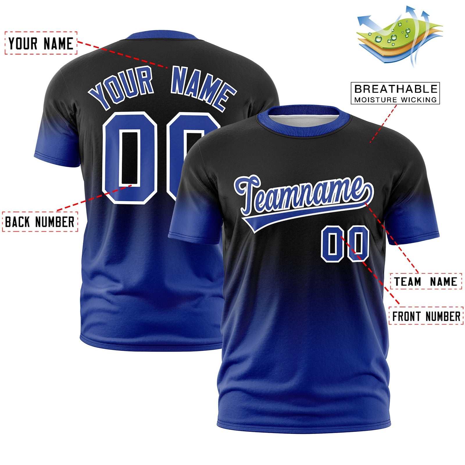 Custom Black Royal Blue White Gradient Fashion Lightweight T-shirt| KXKSHOP
