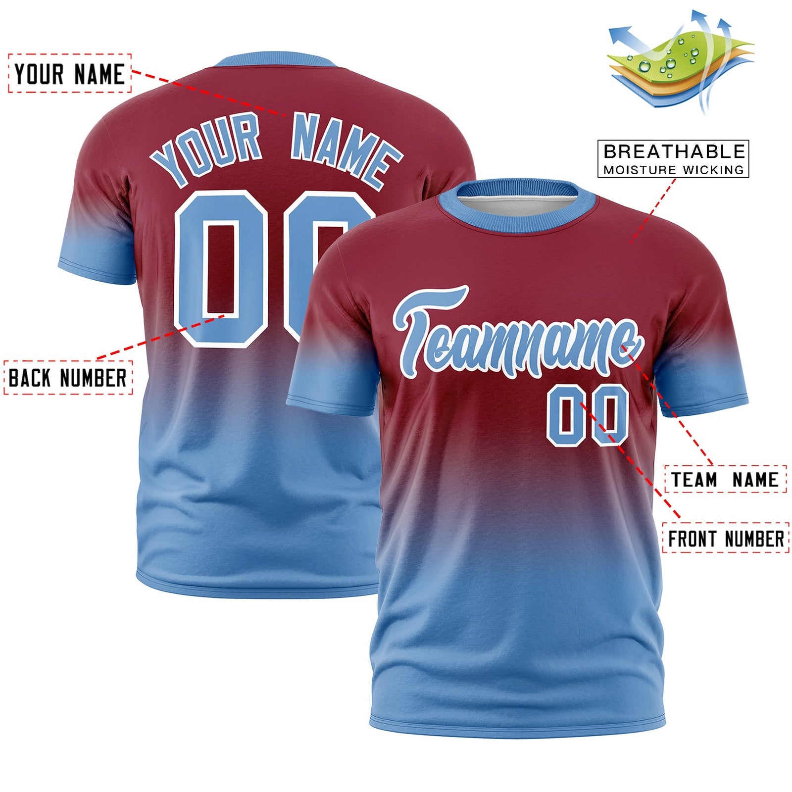 Custom Crimson Light Blue White Gradient Fashion Lightweight T-shirt| KXKSHOP