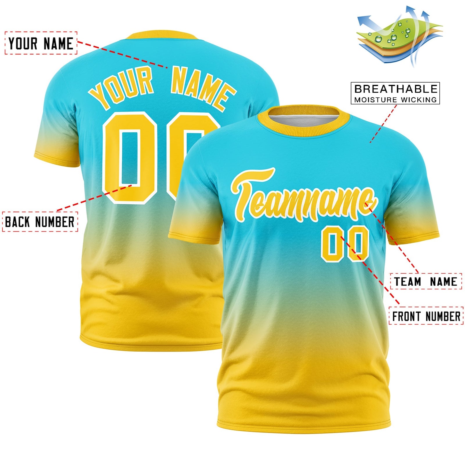 Custom Sky Blue Gold White Gradient Fashion Quick Dry T-shirt| KXKSHOP