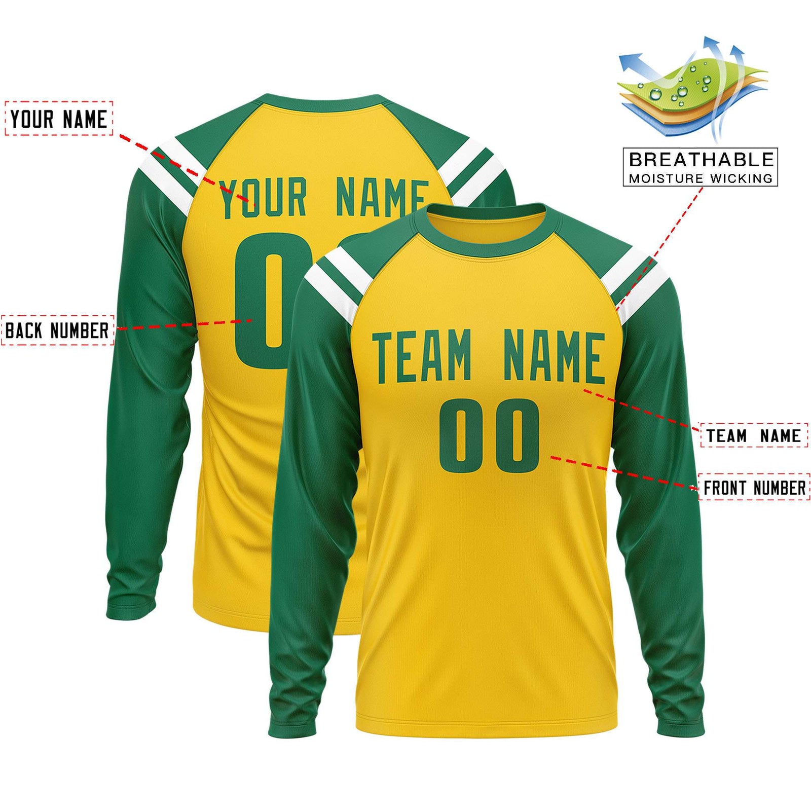 Custom Gold Kelly Green-White Crew Neck Personalized Raglan Long Sleeve Performance T-Shirt
