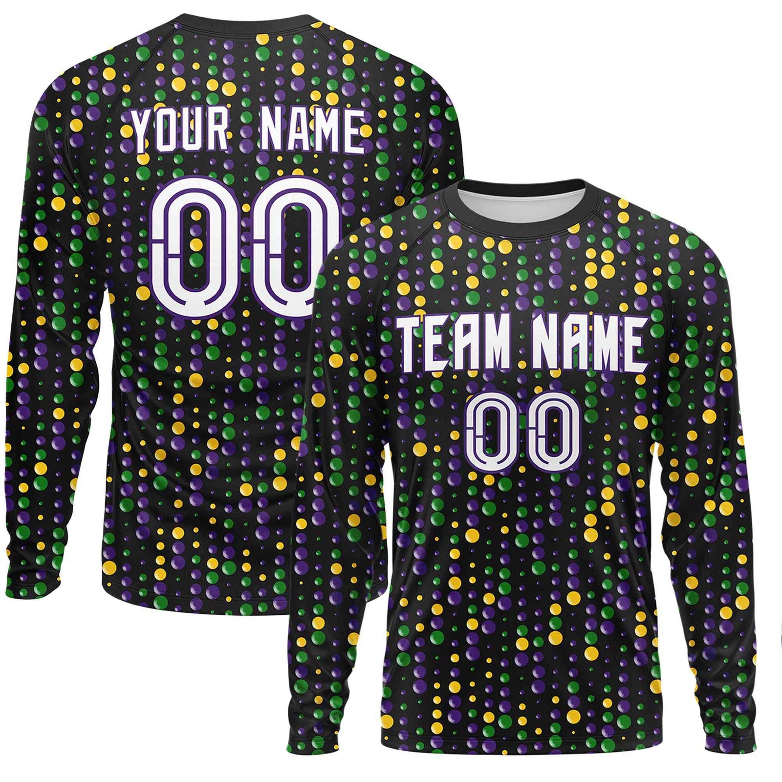 Custom Black White Crew Neck Personalized Mardi Gras Long Sleeve Performance T-shirt | KXKSHOP