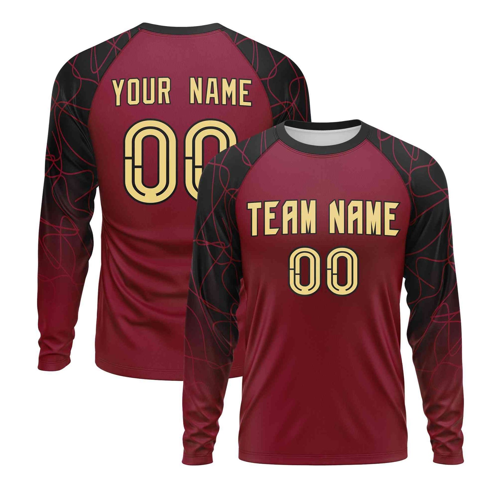 Custom Crimson Black Tangled Lines Pattern Raglan Long Sleeve Performance T-Shirt