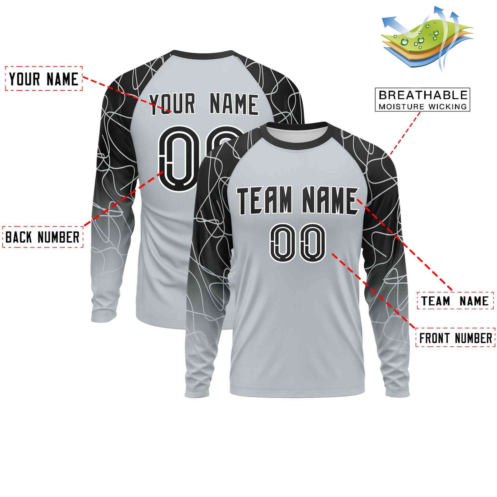 Custom Silver Black Tangled Lines Pattern Raglan Long Sleeve Performance T-Shirt