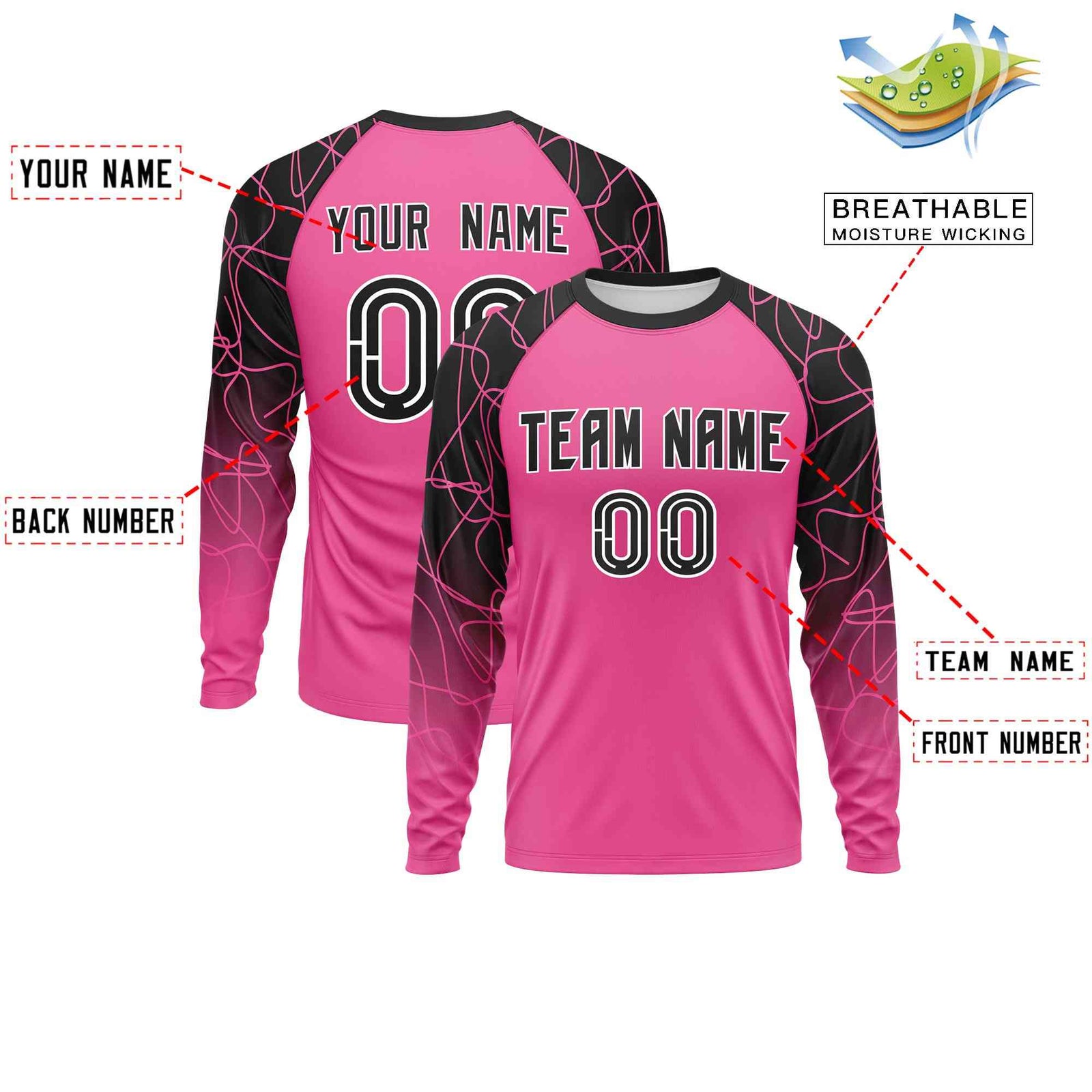 Custom Pink Black Tangled Lines Pattern Raglan Long Sleeve Performance T-Shirt