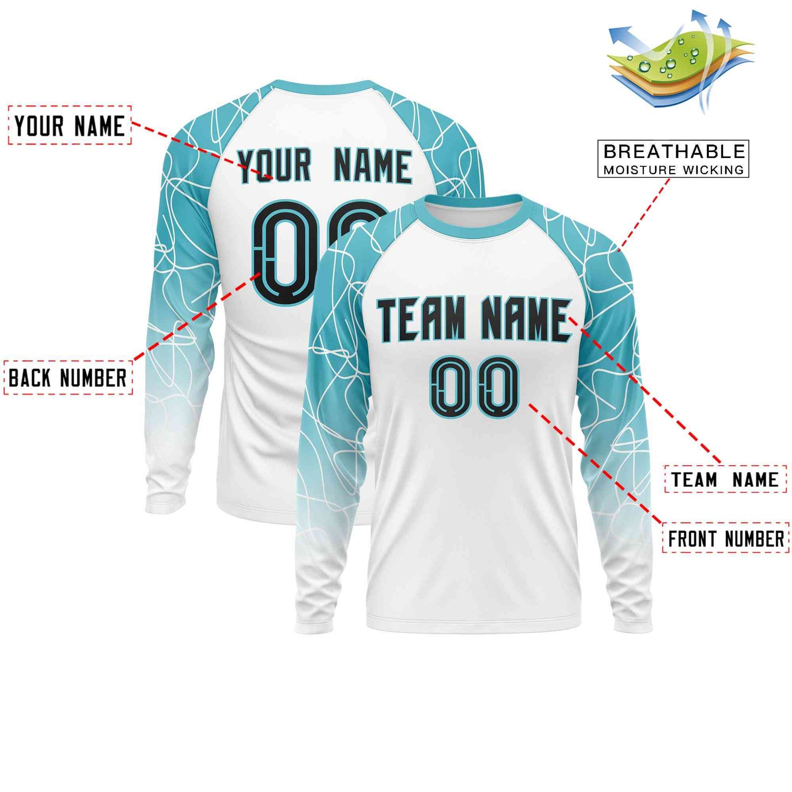 Custom Teal White Tangled Lines Pattern Raglan Long Sleeve Performance T-Shirt