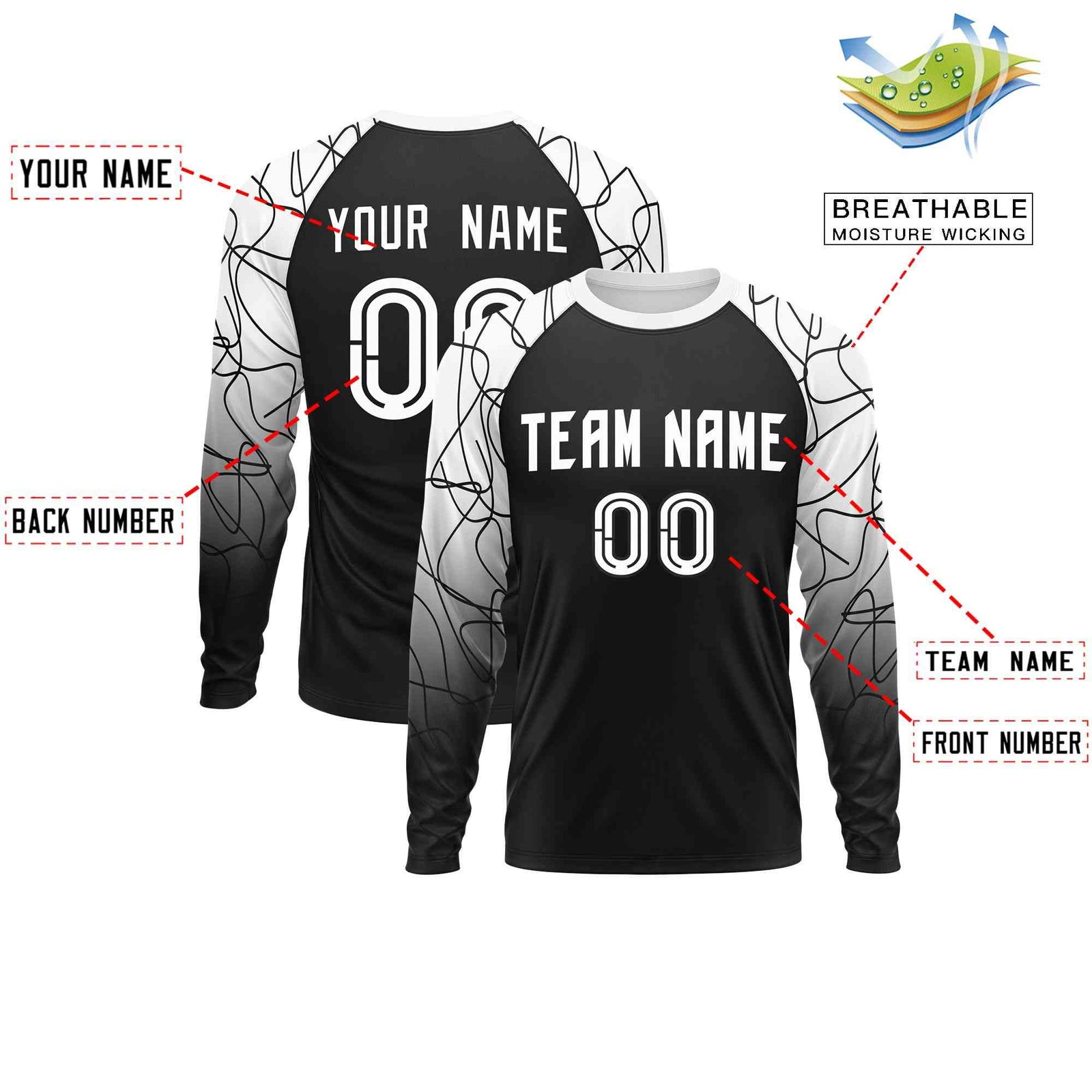 Custom Black White Tangled Lines Pattern Raglan Long Sleeve Performance T-Shirt