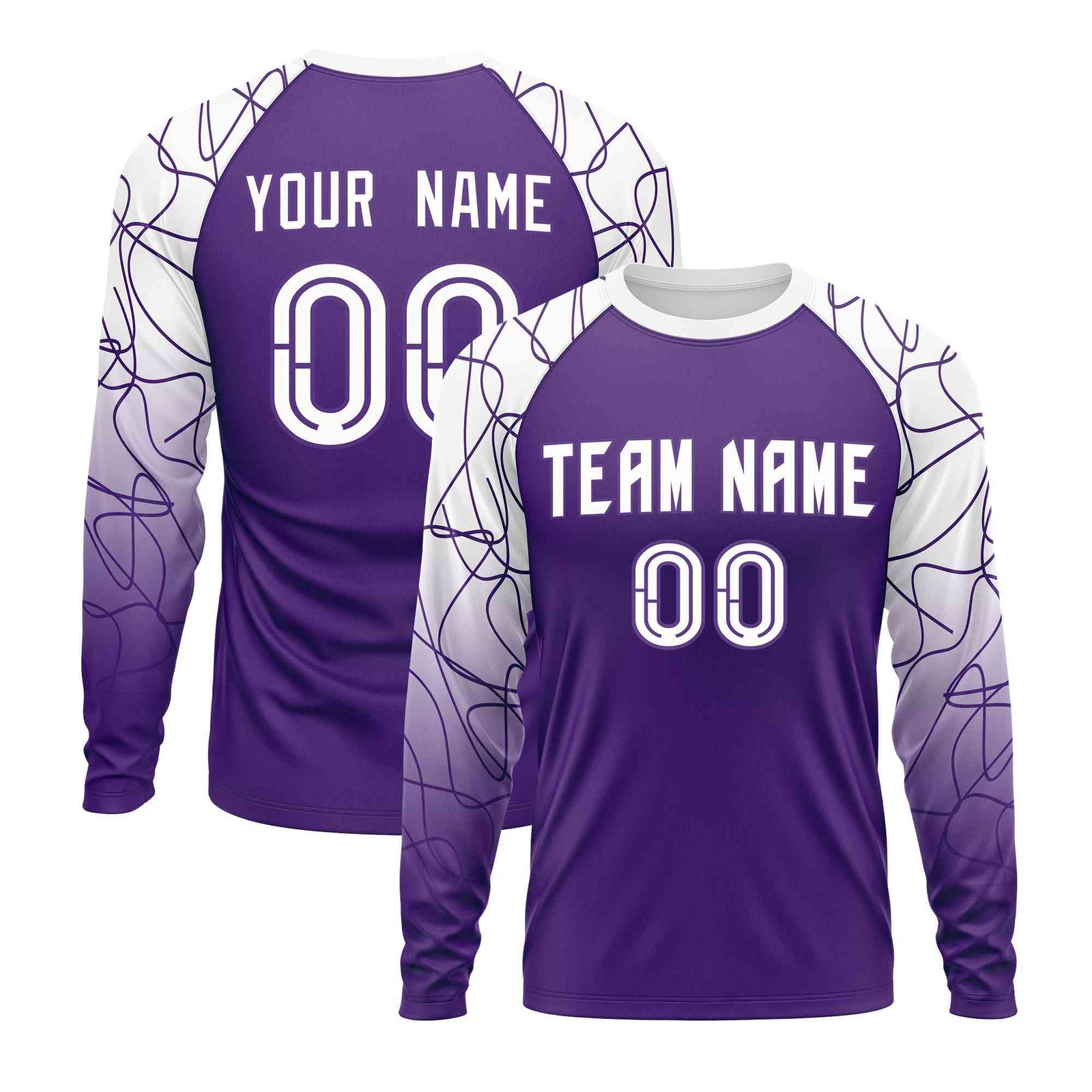 Custom Purple White Tangled Lines Pattern Raglan Long Sleeve Performance T-Shirt