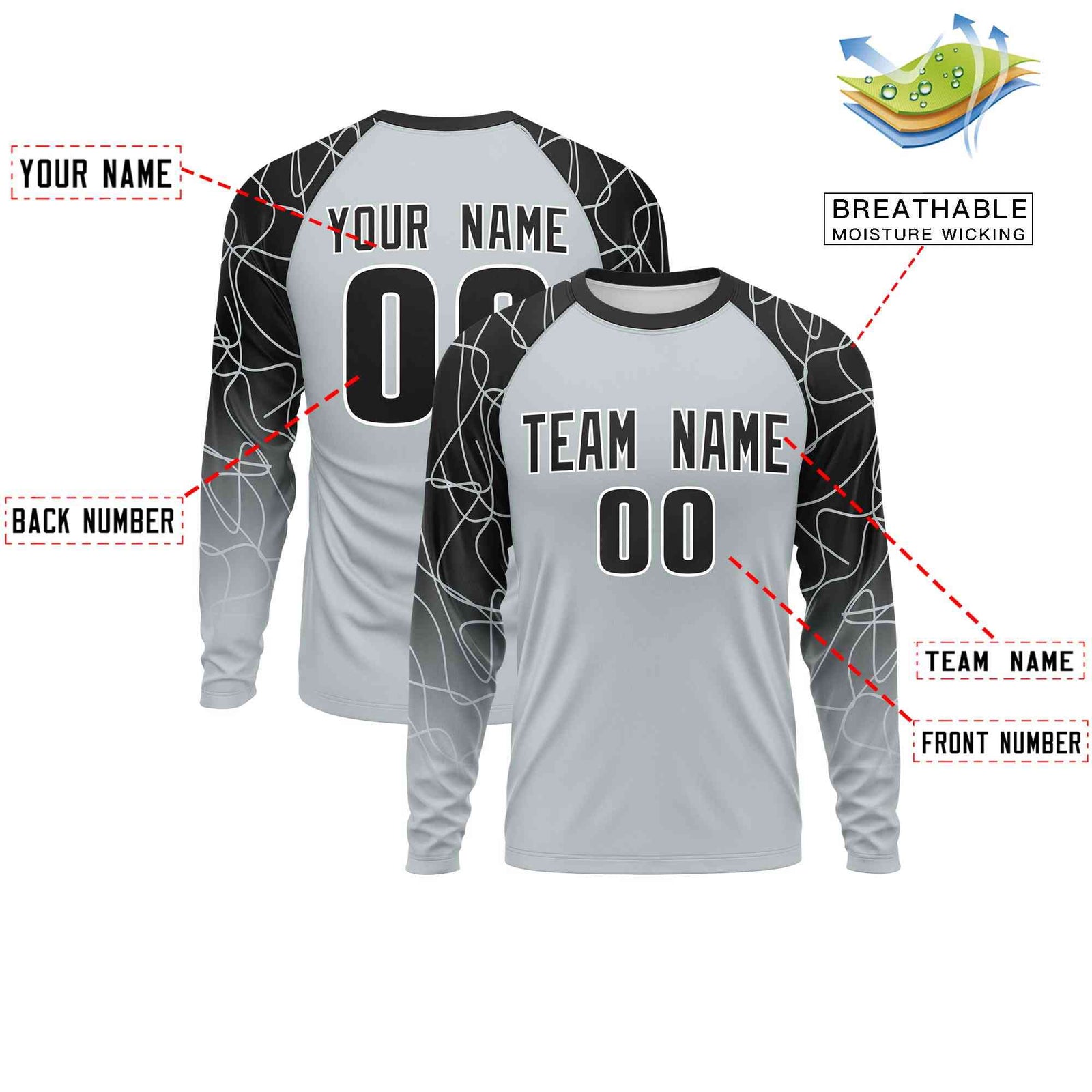 Custom Silver Black Tangled Lines Pattern Raglan Long Sleeve Performance T-Shirt| KXKSHOP