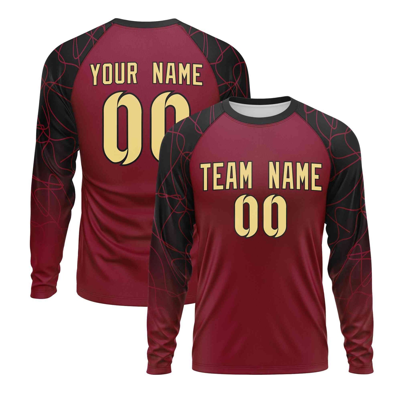 Custom Crimson Black Tangled Lines Pattern Raglan Long Sleeve Performance T-Shirt