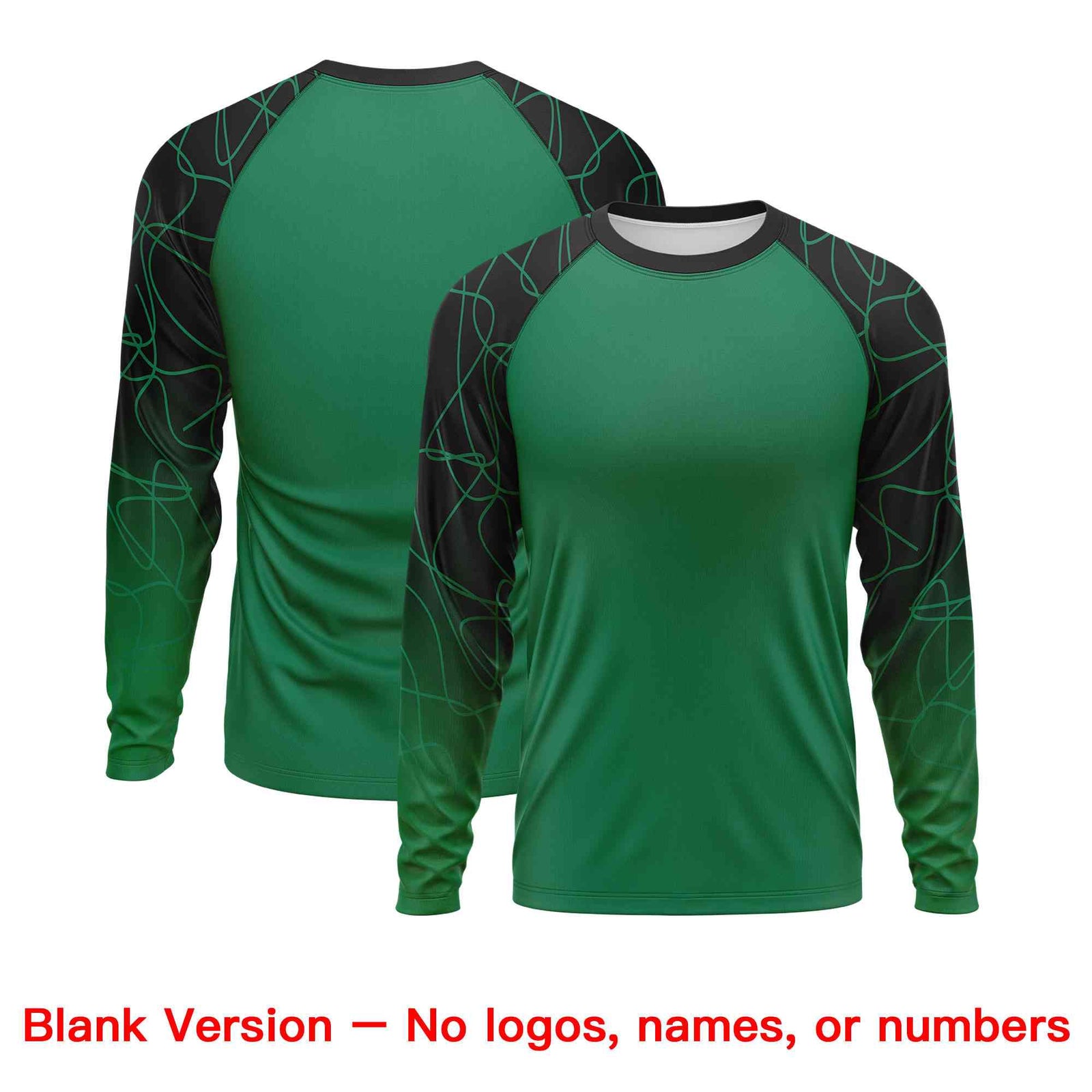 Custom Kelly Green Black Tangled Lines Pattern Raglan Long Sleeve Performance T-Shirt