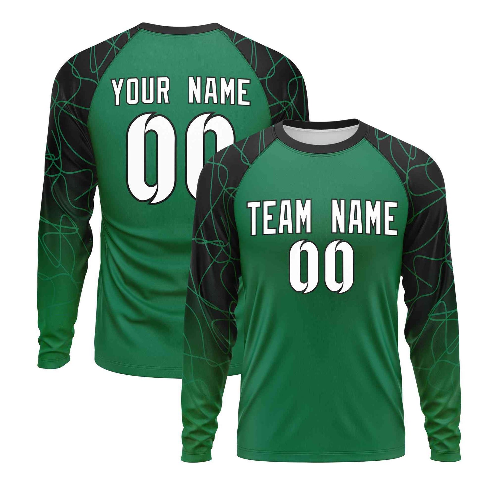 Custom Kelly Green Black Tangled Lines Pattern Raglan Long Sleeve Performance T-Shirt