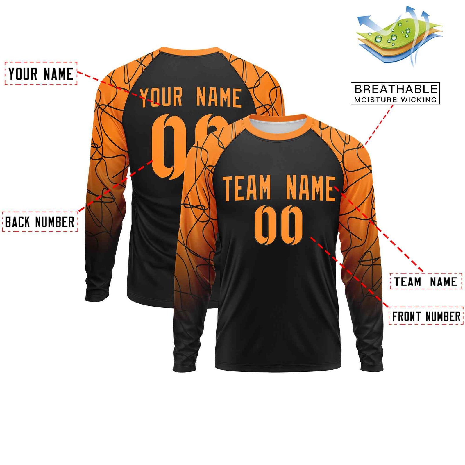 Custom Black Orange Tangled Lines Pattern Raglan Long Sleeve Performance T-Shirt
