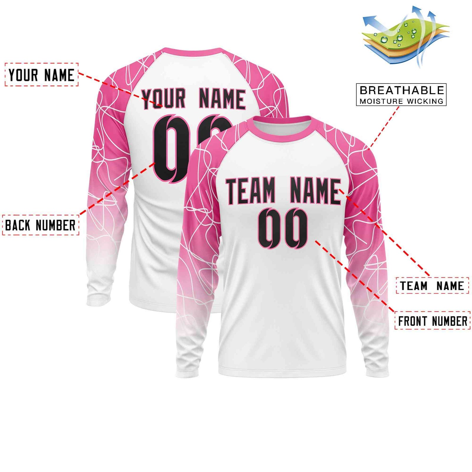 Custom White Pink Tangled Lines Pattern Raglan Long Sleeve Performance T-Shirt