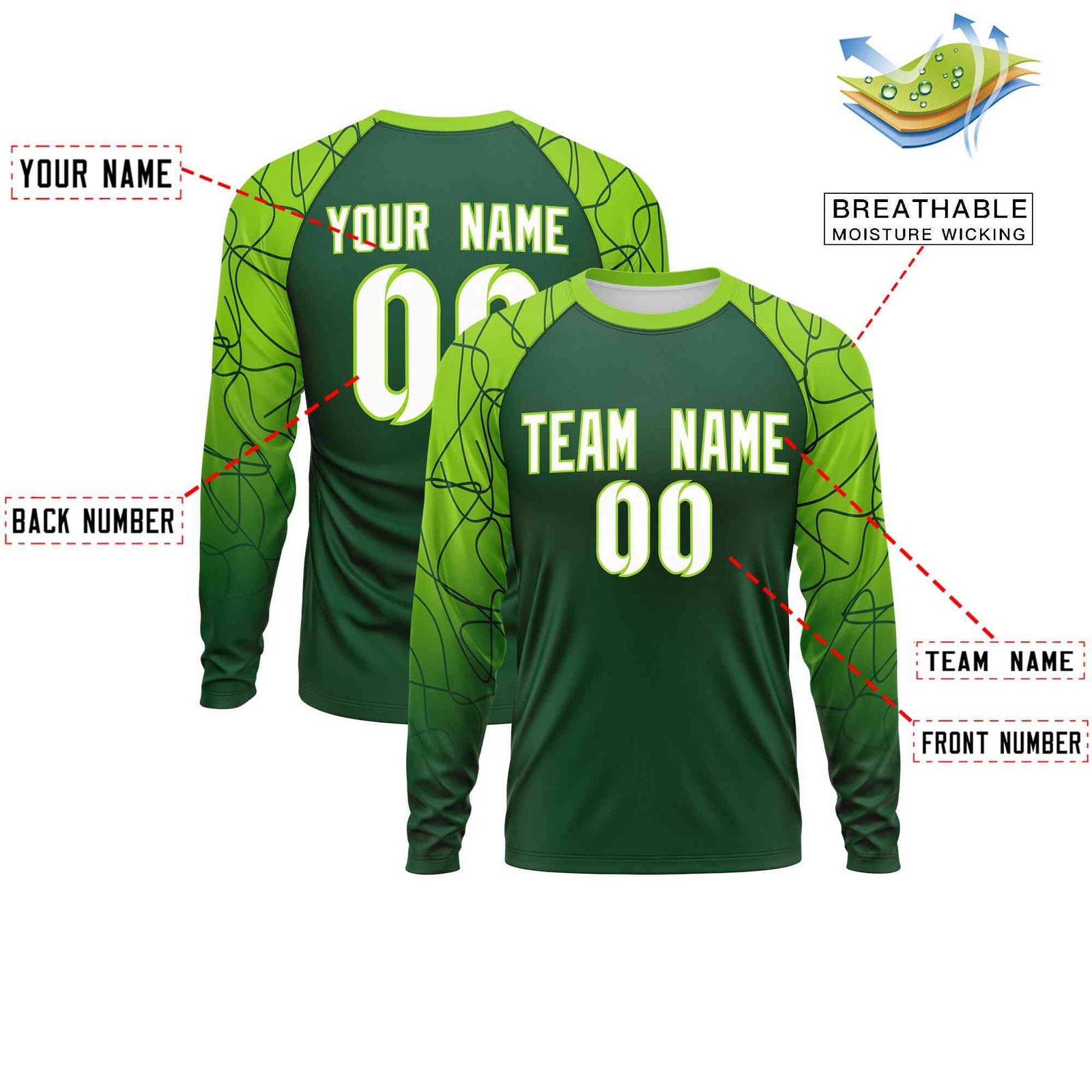Custom Green Neon Green Tangled Lines Pattern Raglan Long Sleeve Performance T-Shirt