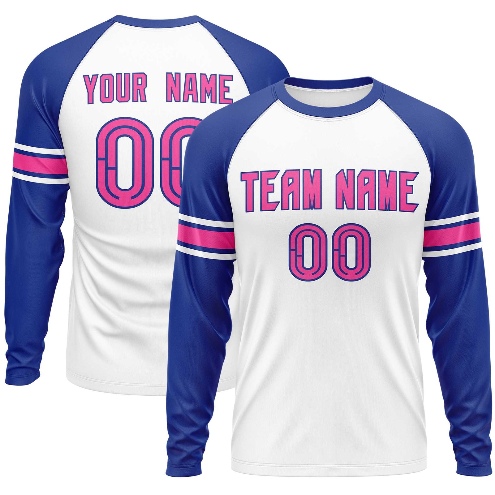 Custom White Royal Pink Crew Neck Personalized Raglan Long Sleeve Performance T-shirt