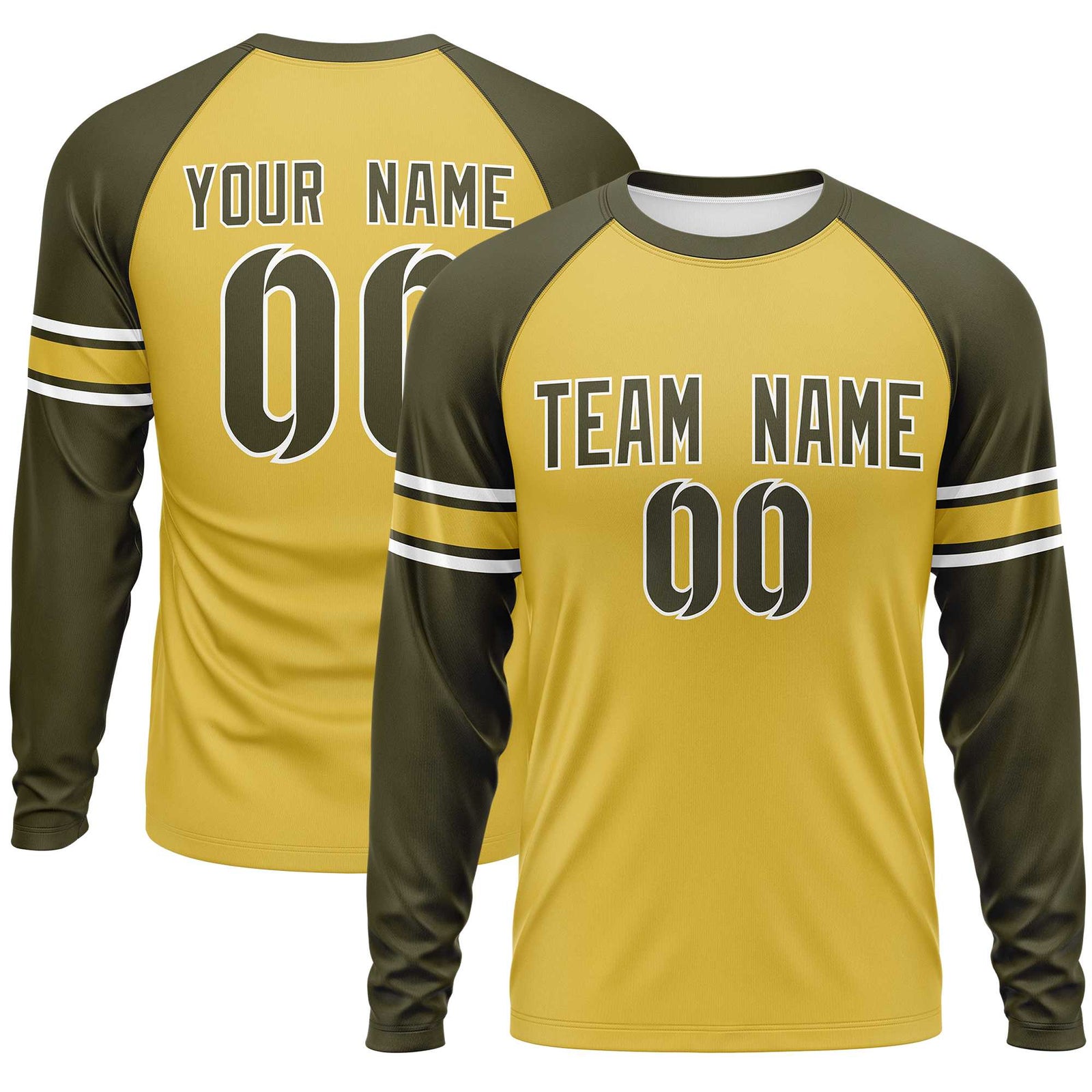 Custom Old Gold Olive White Crew Neck Personalized Raglan Long Sleeve Performance T-shirt