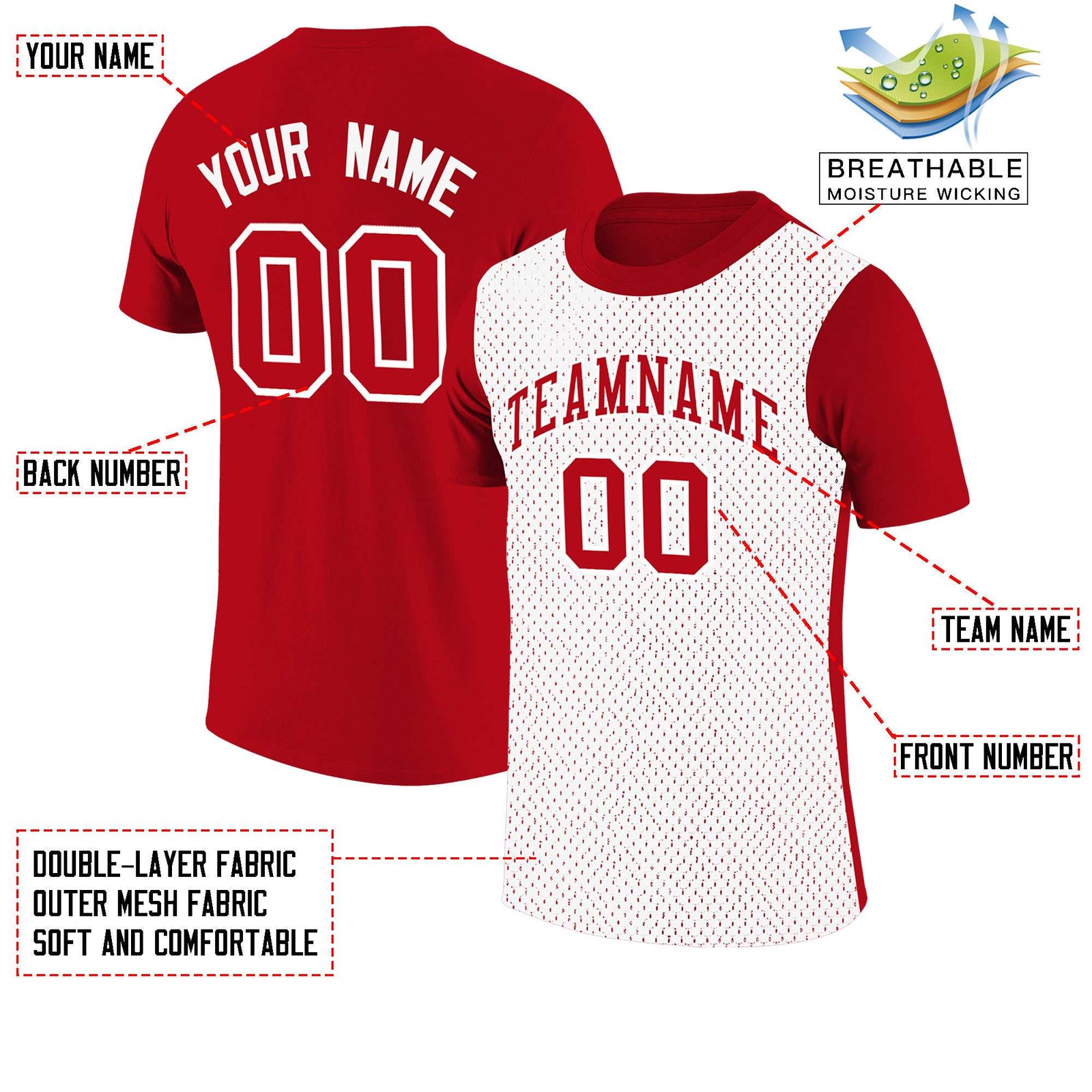 Custom Red White Mesh Two Tone T-Shirt