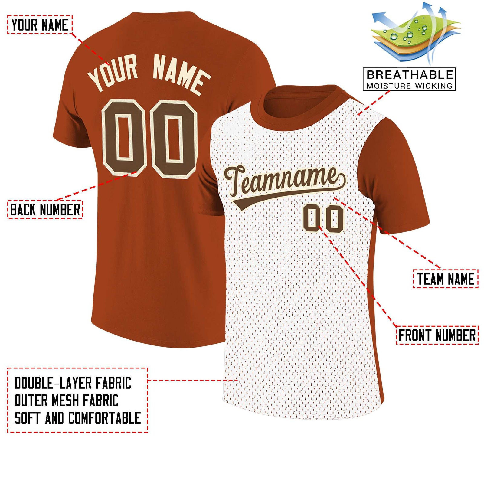 Custom Dark Orange White Mesh Two Tone T-Shirt