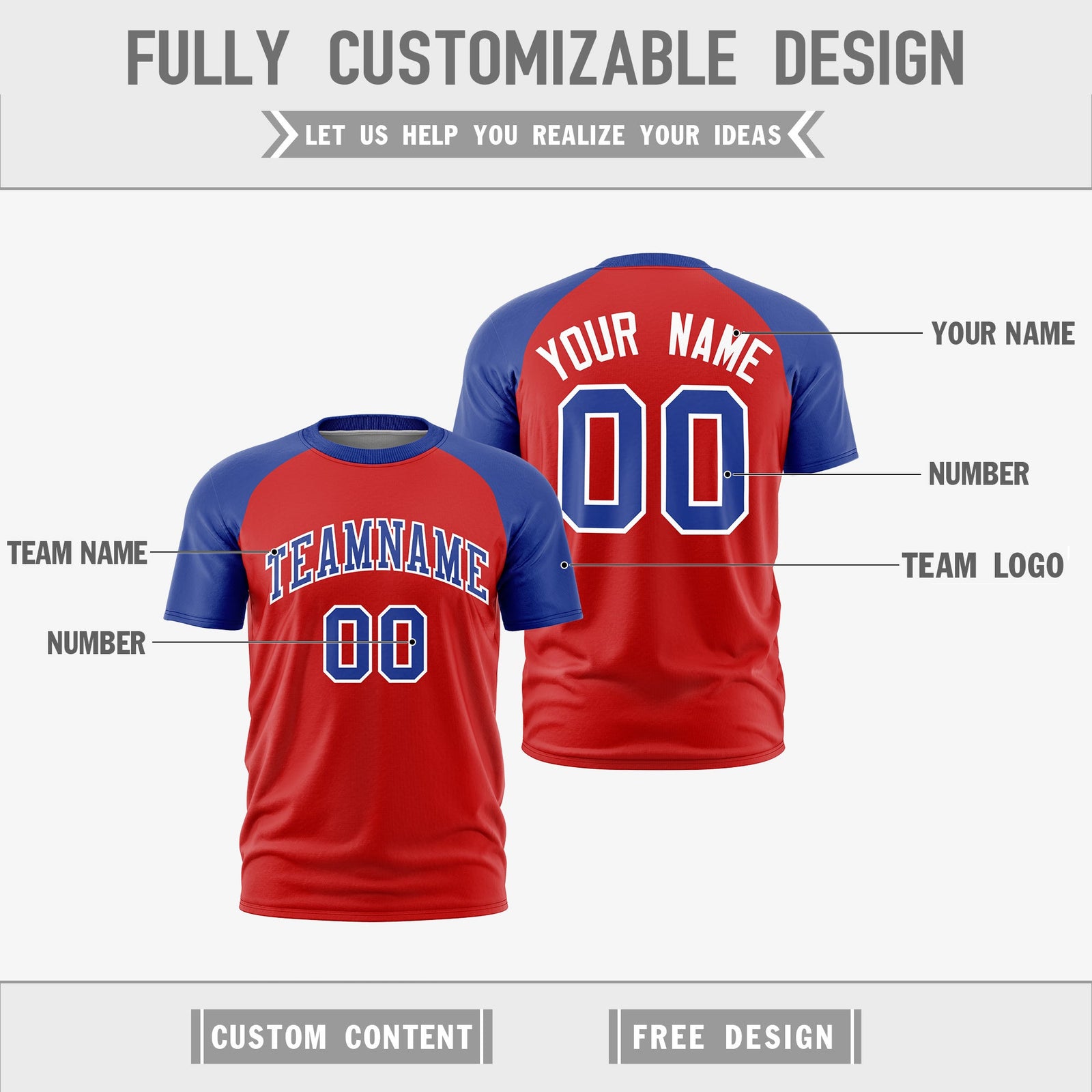 Custom Red Royal Blue White Reversible Raglan Sleeves Moisture-Wicking T-shirt| KXKSHOP