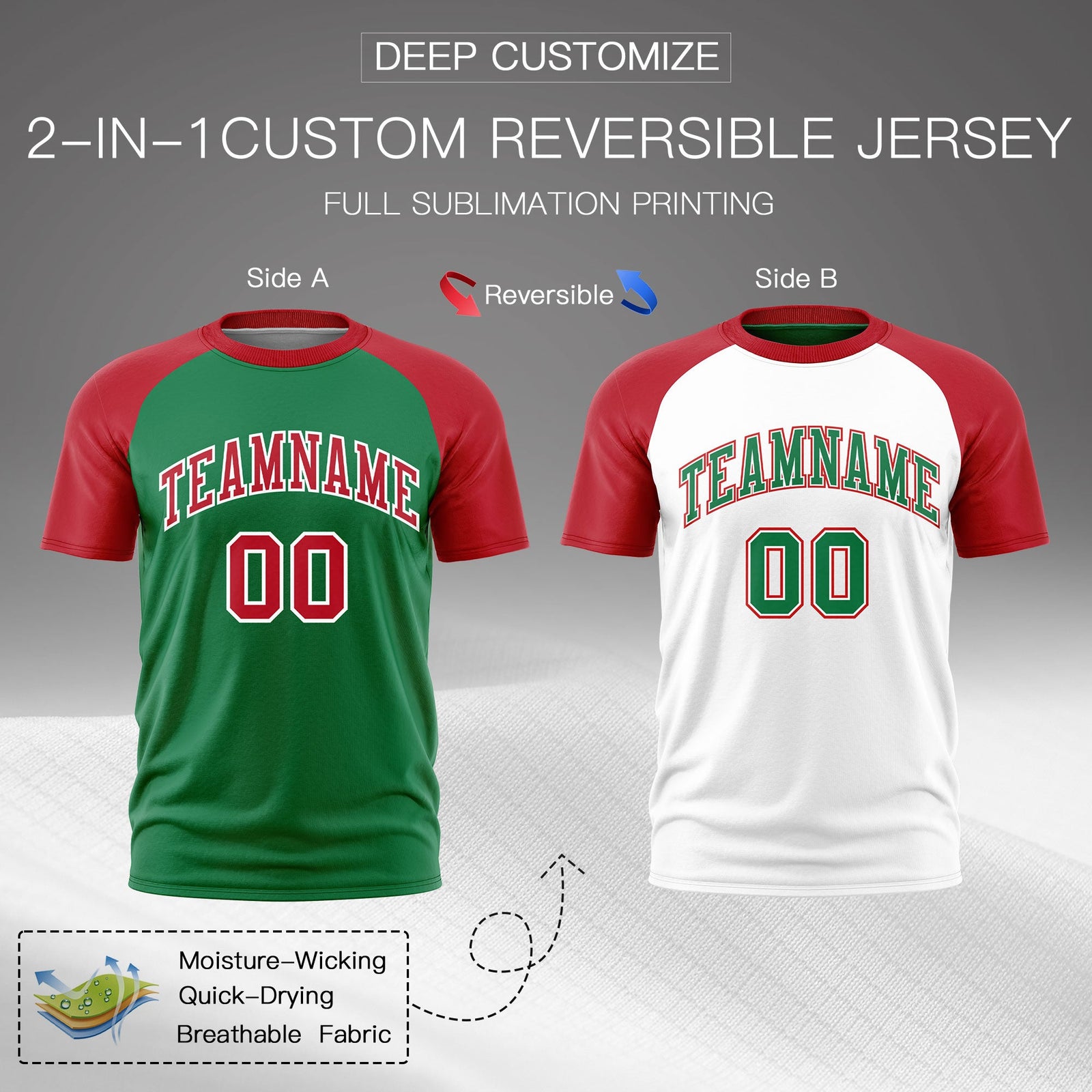 Custom Kelly Green Red White Reversible Raglan Sleeves Quick Dry T-shirt| KXKSHOP