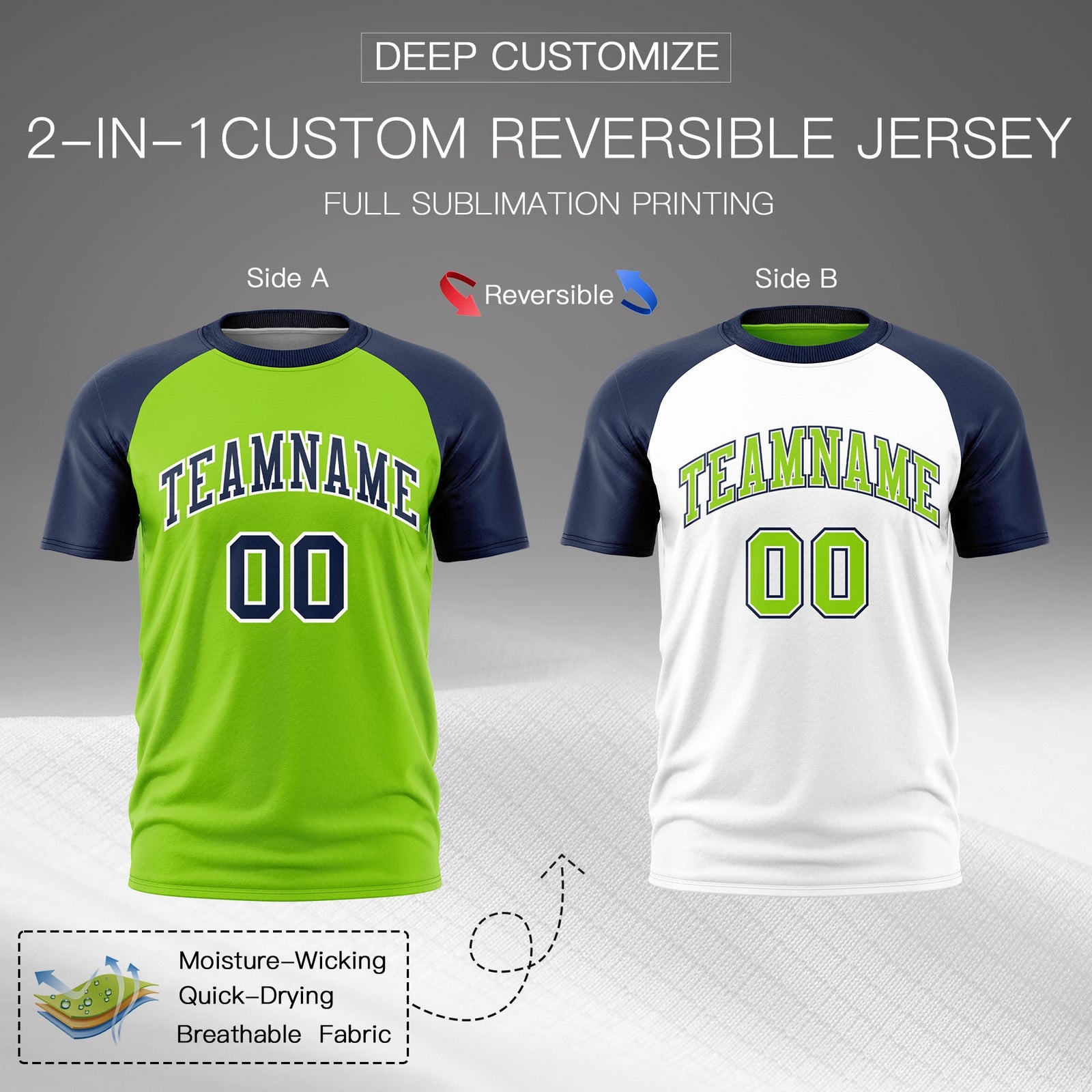 Custom Neon Green Navy White Reversible Raglan Sleeves Moisture-Wicking T-shirt| KXKSHOP