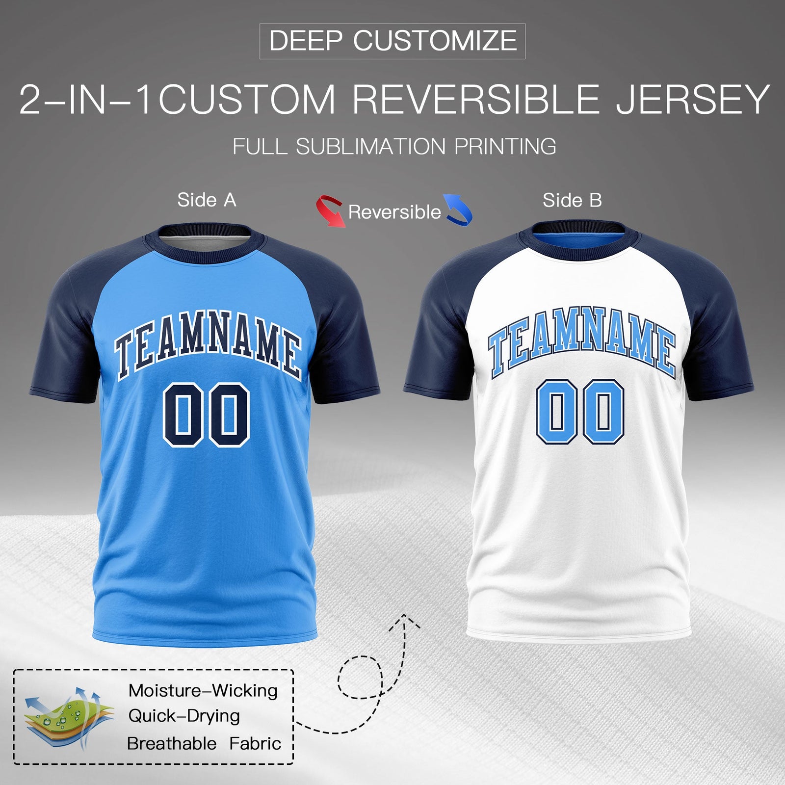 Custom Powder Blue Navy White Reversible Raglan Sleeves Quick Dry T-shirt| KXKSHOP