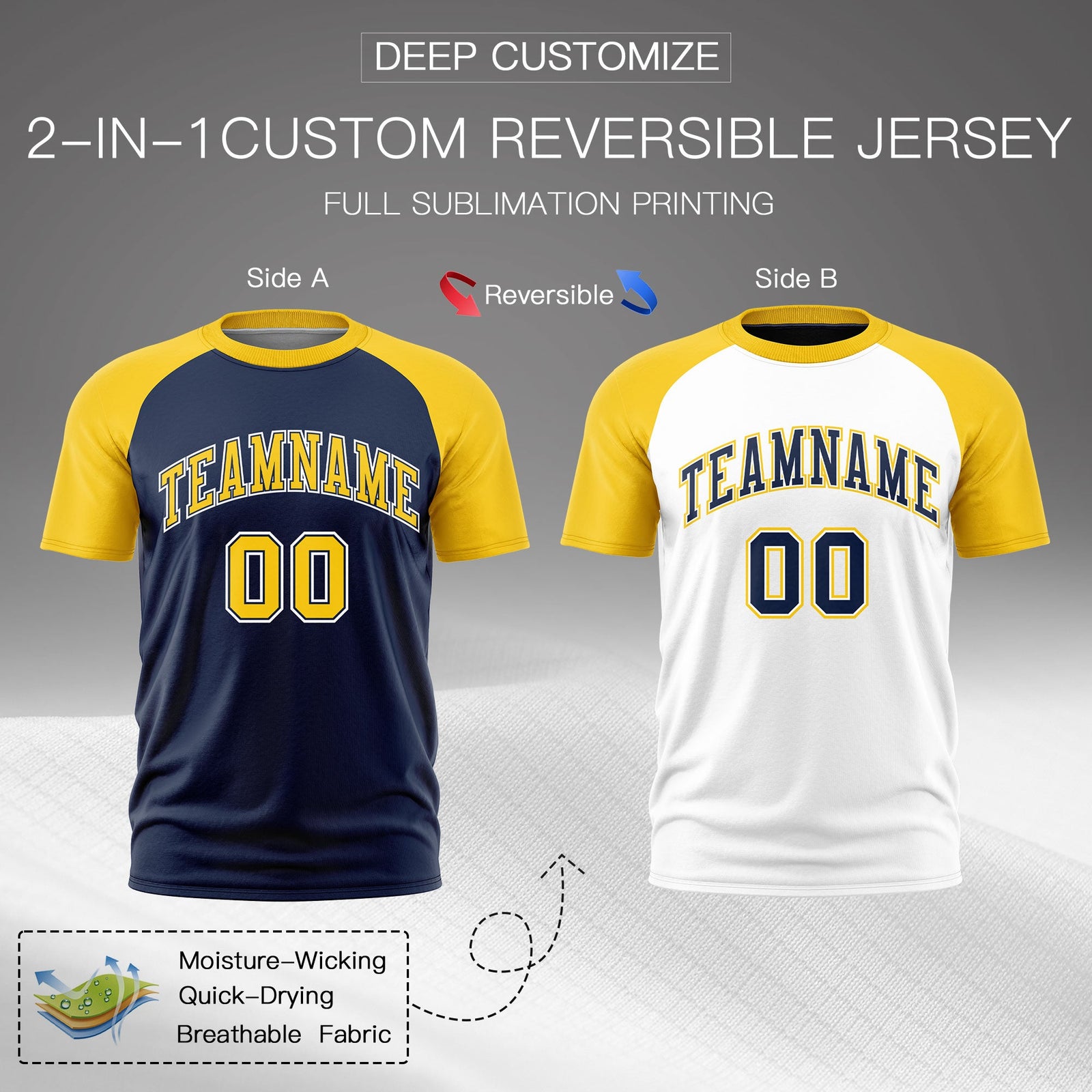 Custom Navy Gold White Reversible Raglan Sleeves Quick Dry T-shirt| KXKSHOP