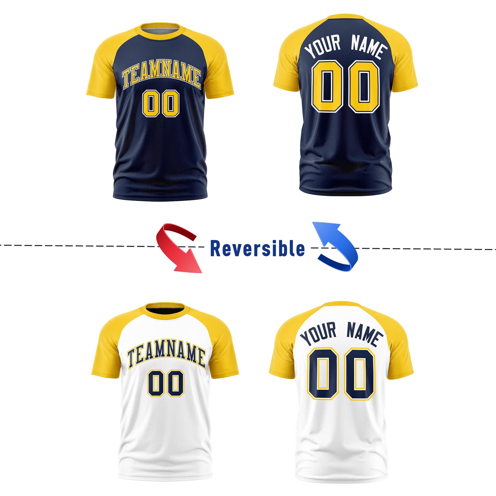 Custom Navy Gold White Reversible Raglan Sleeves Quick Dry T-shirt| KXKSHOP