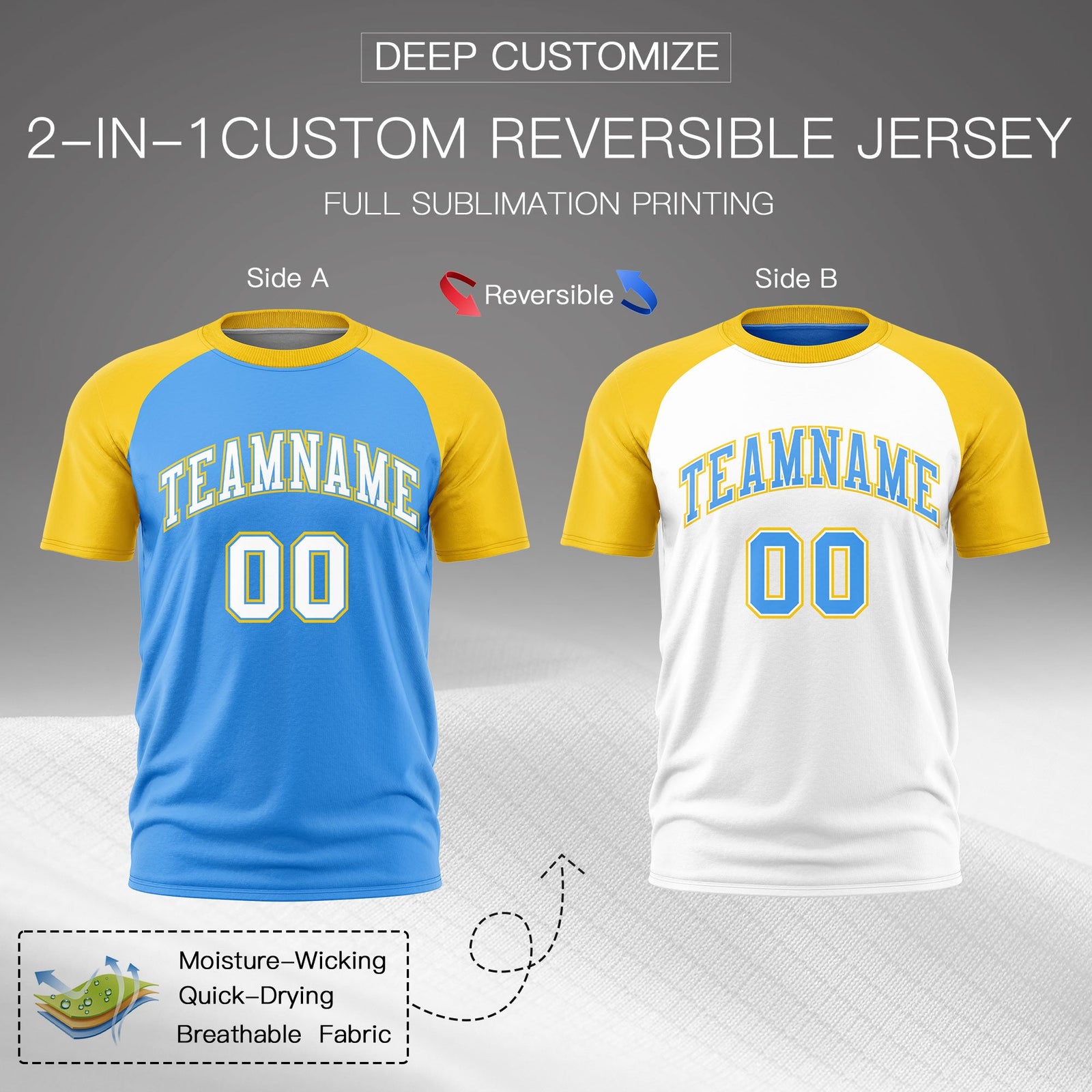 Custom Powder Blue Gold White Reversible Raglan Sleeves Moisture-Wicking T-shirt| KXKSHOP