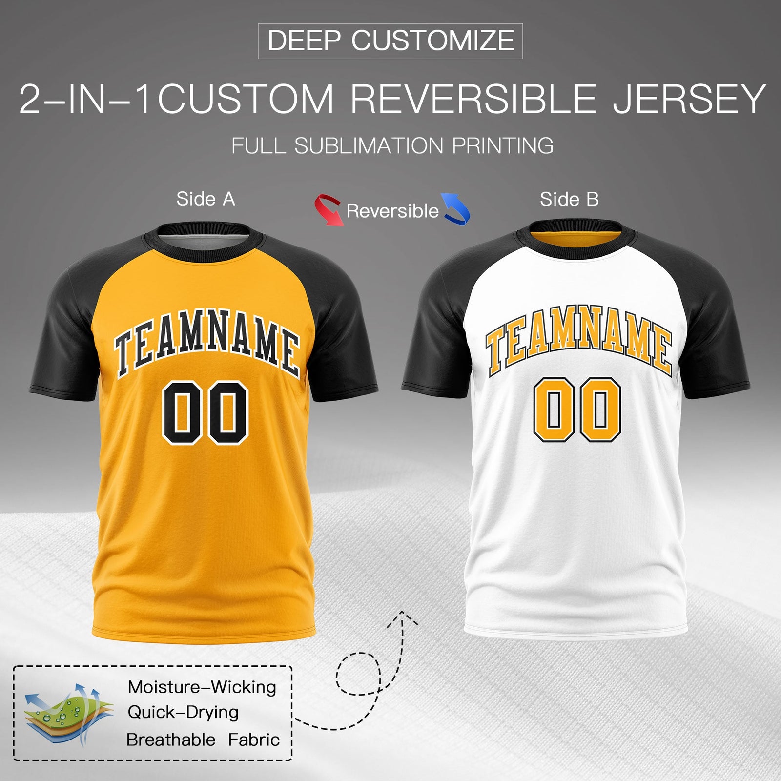 Custom Yellow Black White Reversible Raglan Sleeves Quick Dry T-shirt| KXKSHOP