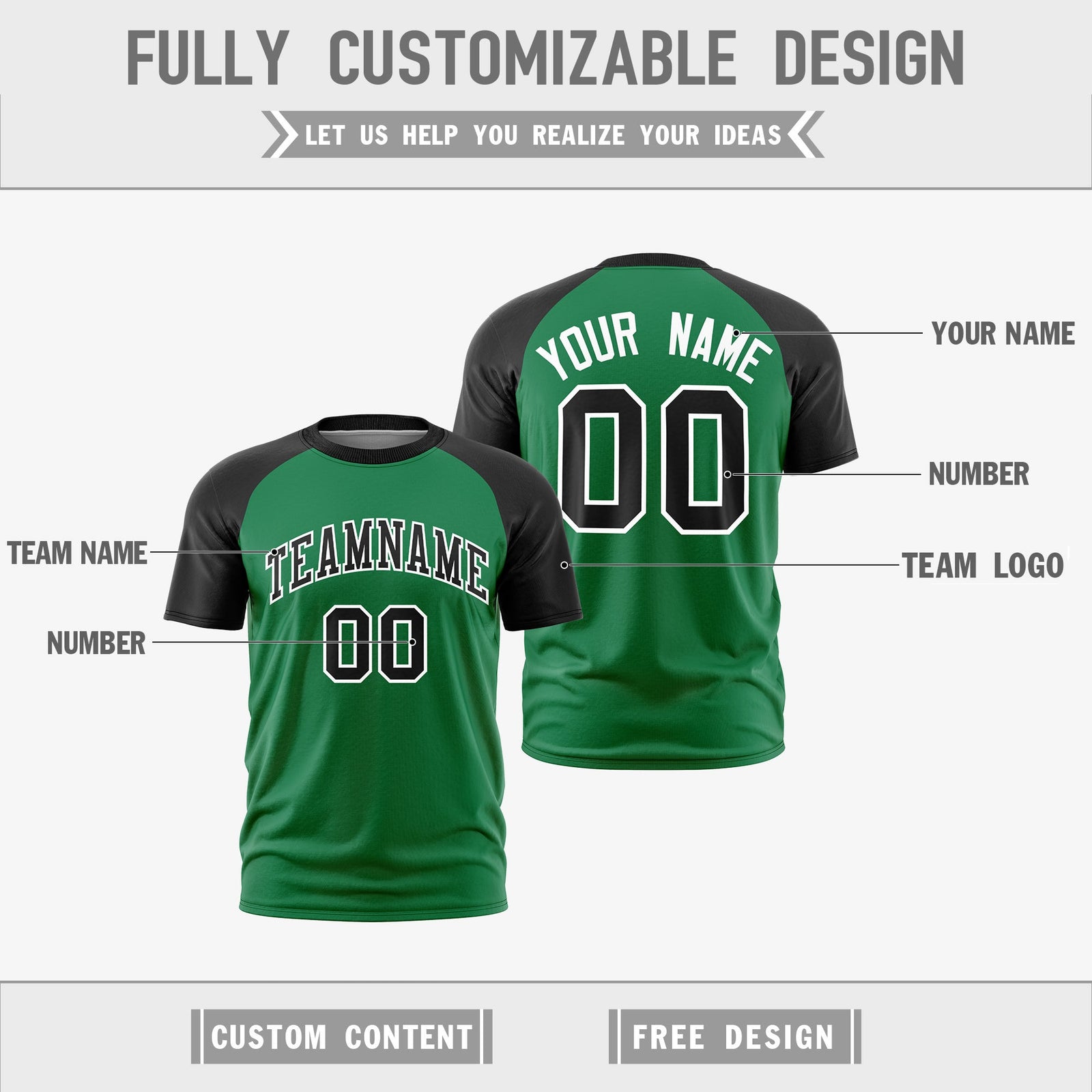 Custom Kelly Green Black White Reversible Raglan Sleeves Quick Dry T-shirt| KXKSHOP