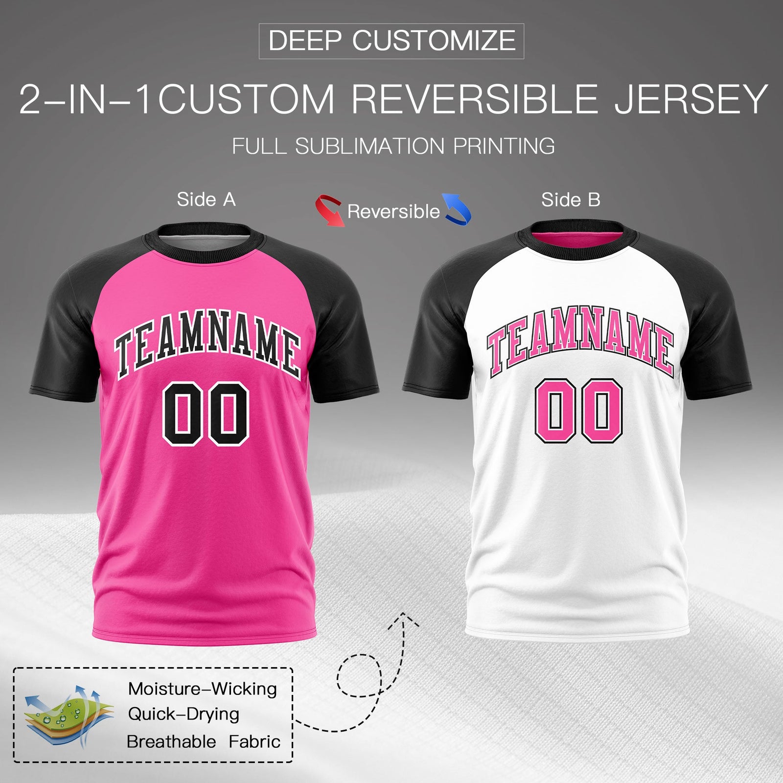 Custom Pink Black White Reversible Raglan Sleeves Moisture-Wicking T-shirt| KXKSHOP