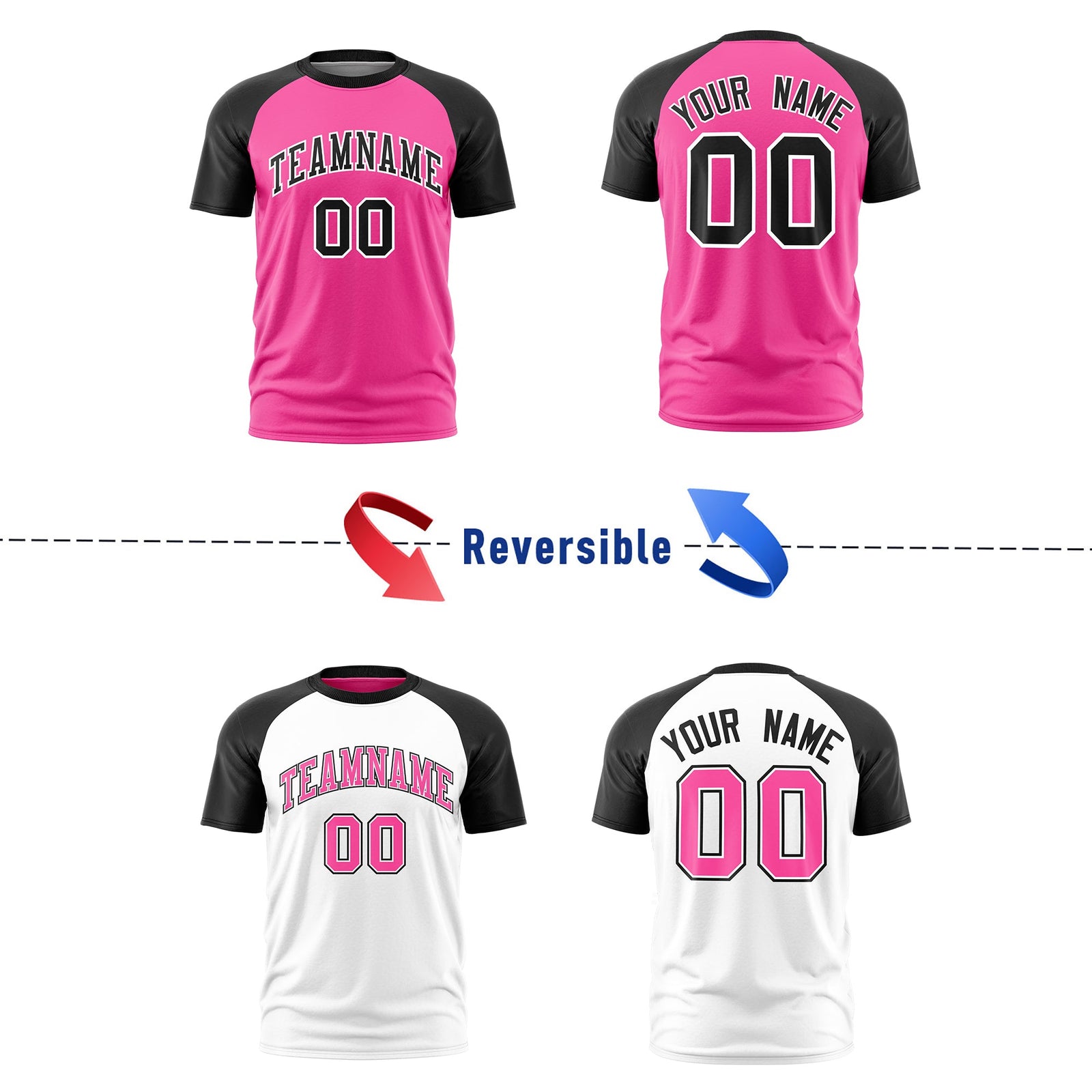 Custom Pink Black White Reversible Raglan Sleeves Moisture-Wicking T-shirt| KXKSHOP