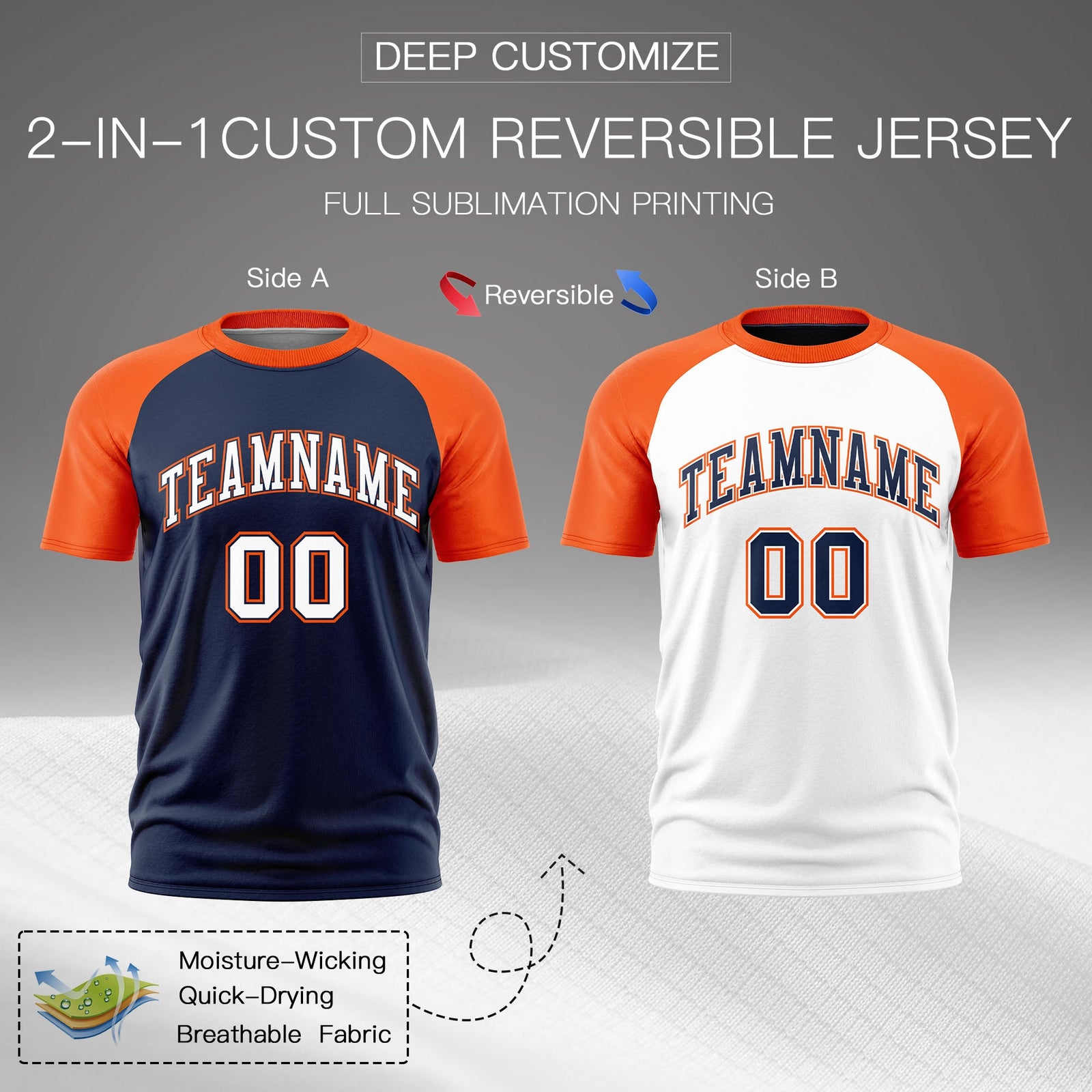 Custom Navy Orange White Reversible Raglan Sleeves Moisture-Wicking T-shirt| KXKSHOP