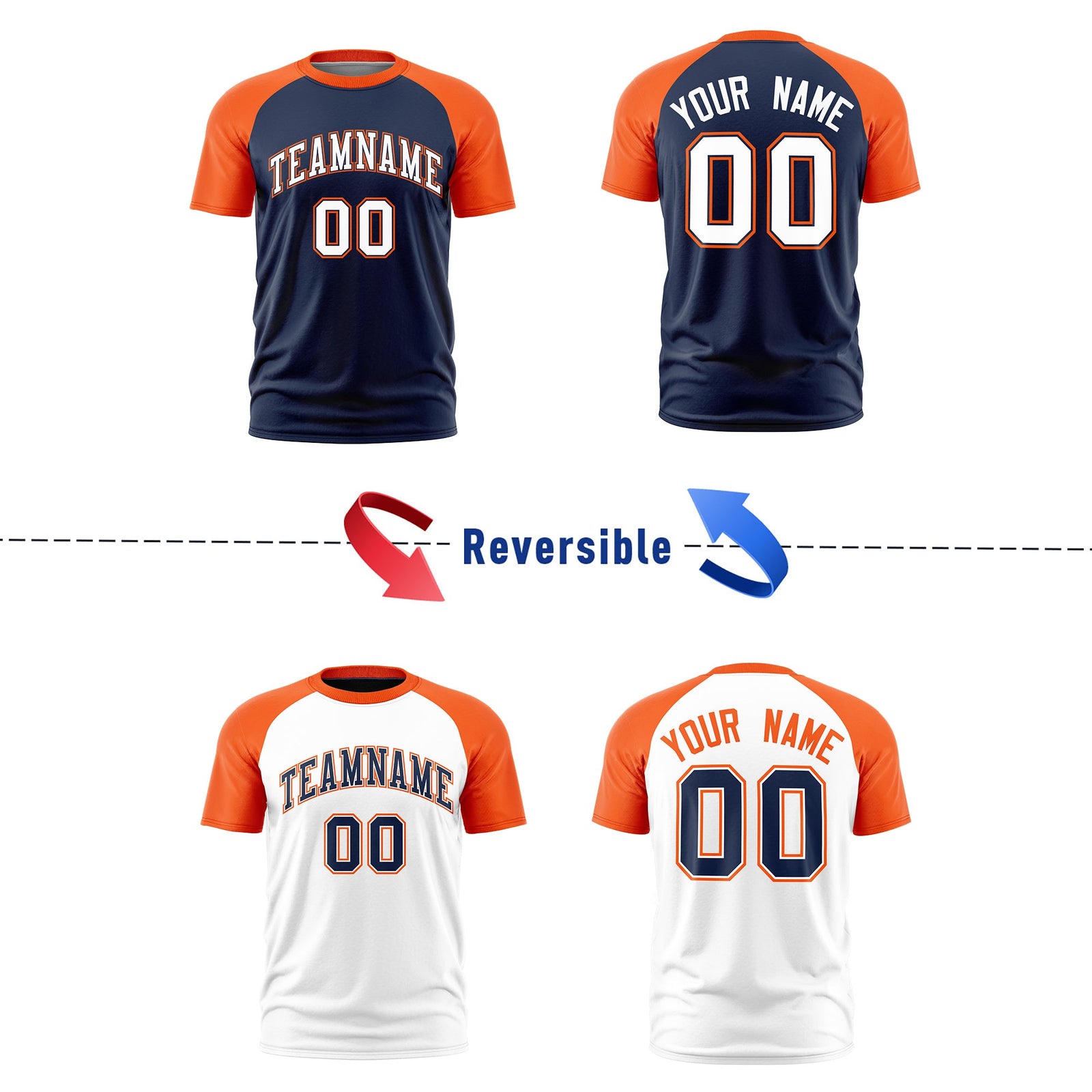 Custom Navy Orange White Reversible Raglan Sleeves Moisture-Wicking T-shirt| KXKSHOP