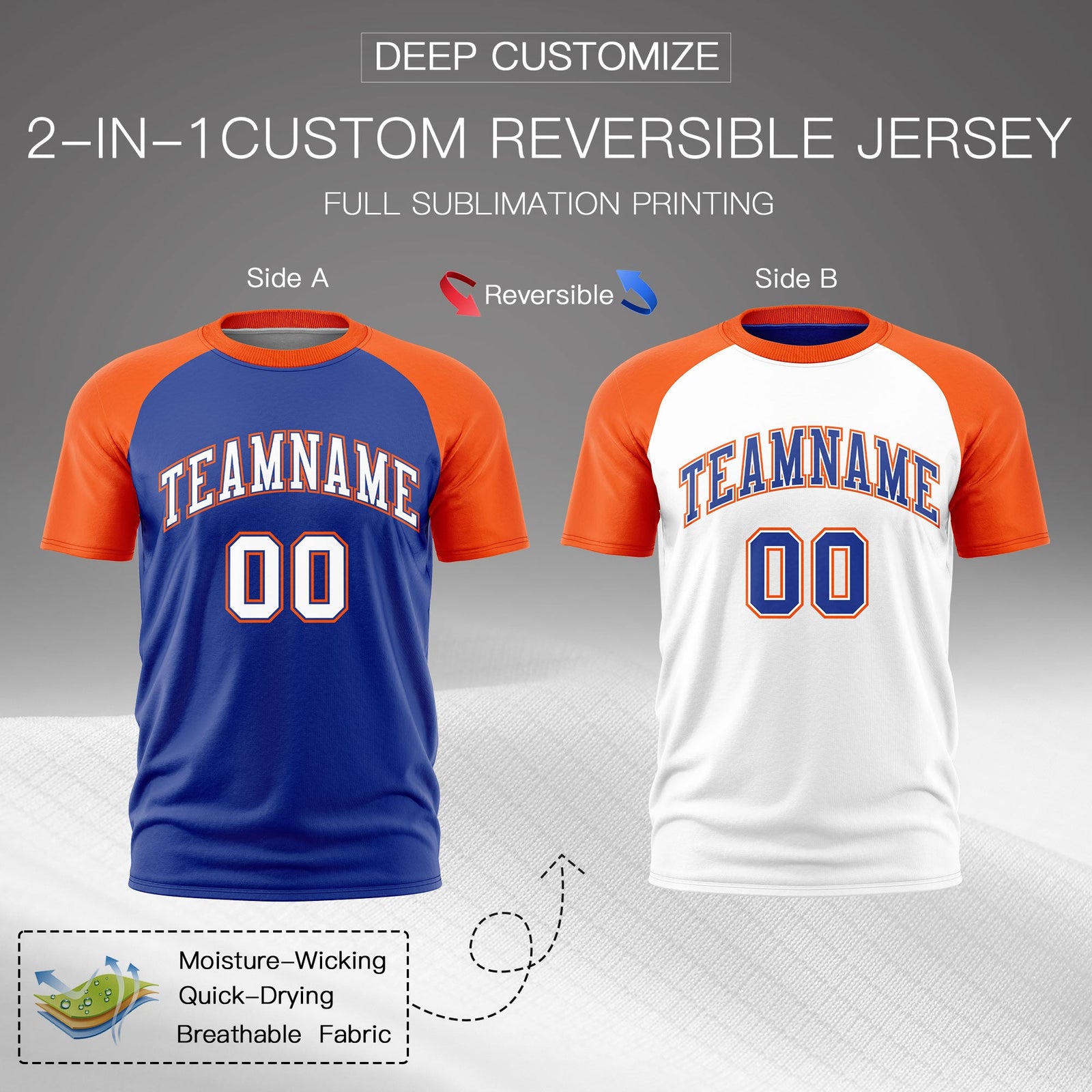 Custom Royal Blue Orange White Reversible Raglan Sleeves Moisture-Wicking T-shirt| KXKSHOP