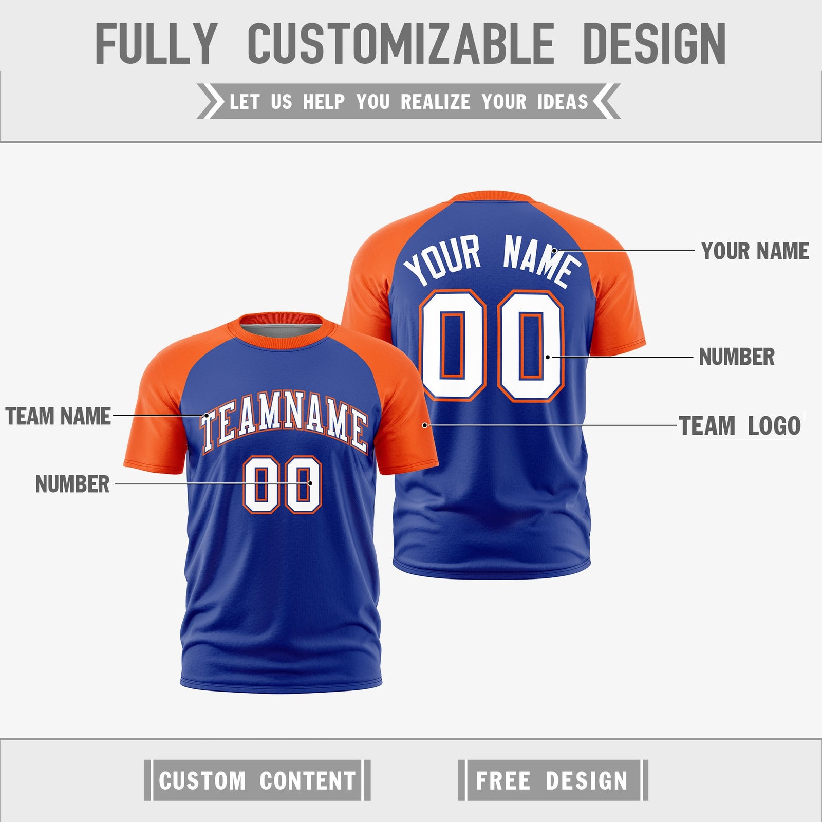 Custom Royal Blue Orange White Reversible Raglan Sleeves Moisture-Wicking T-shirt| KXKSHOP
