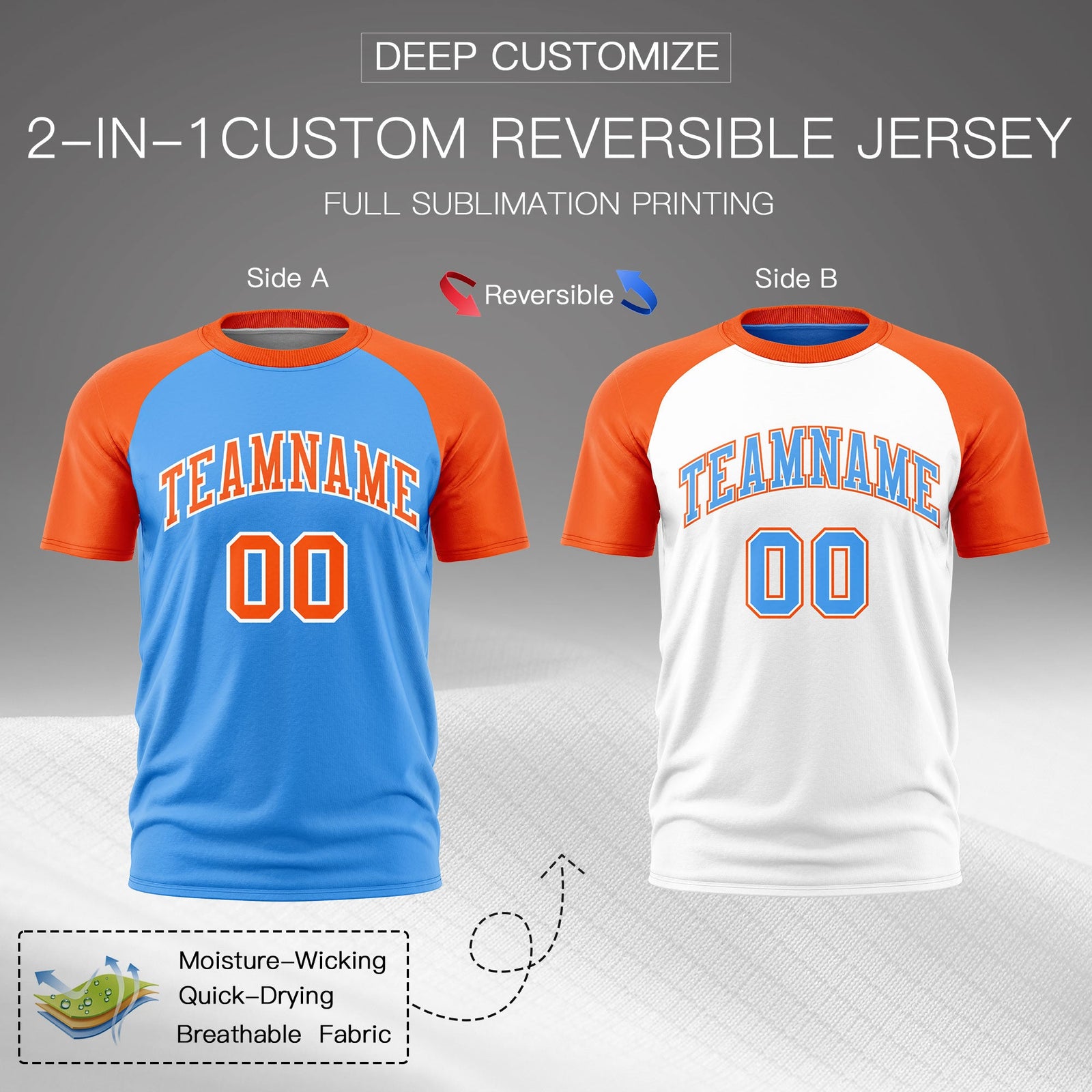 Custom Powder Blue Orange White Reversible Raglan Sleeves Moisture-Wicking T-shirt| KXKSHOP