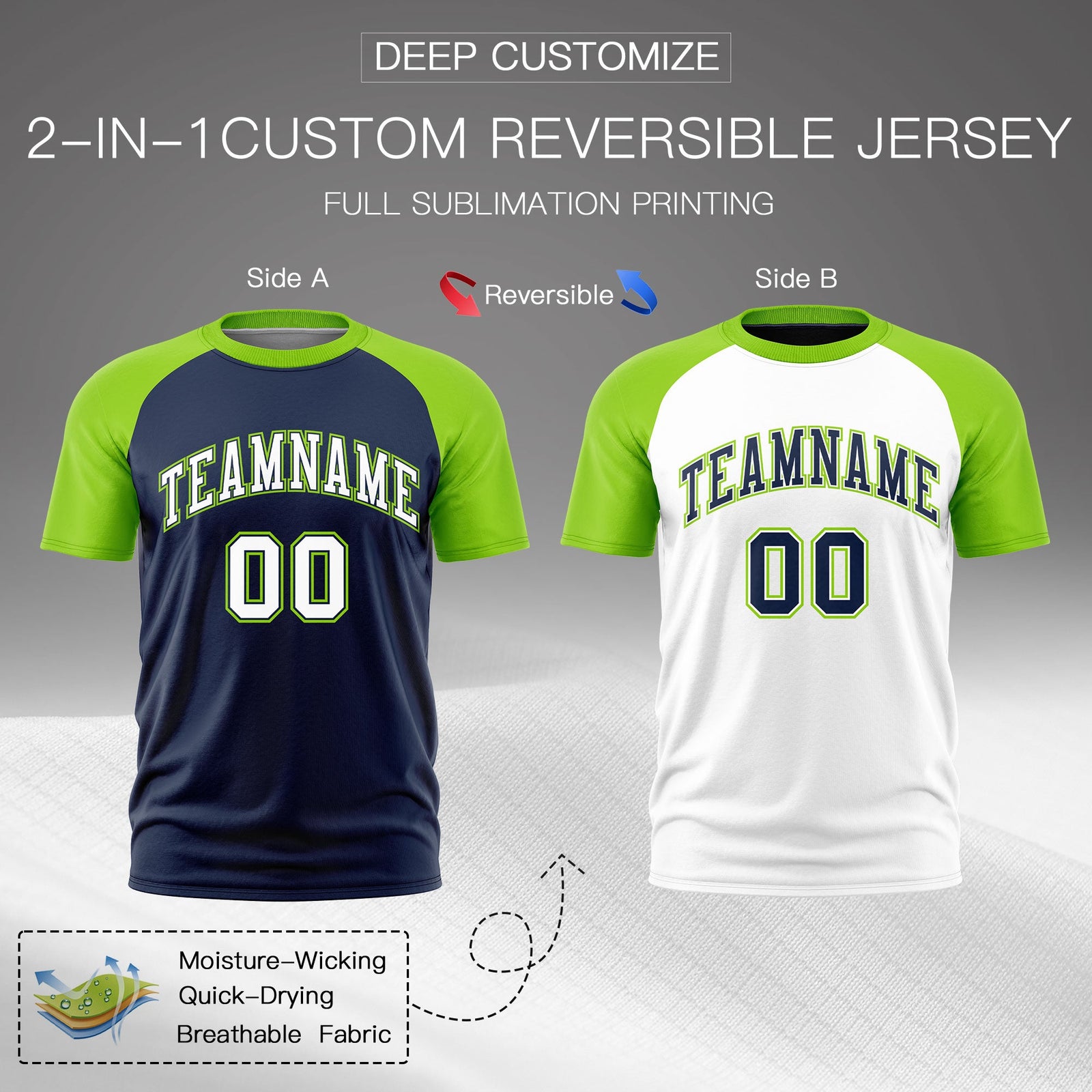 Custom Navy Neon Green White Reversible Raglan Sleeves Quick Dry T-shirt| KXKSHOP