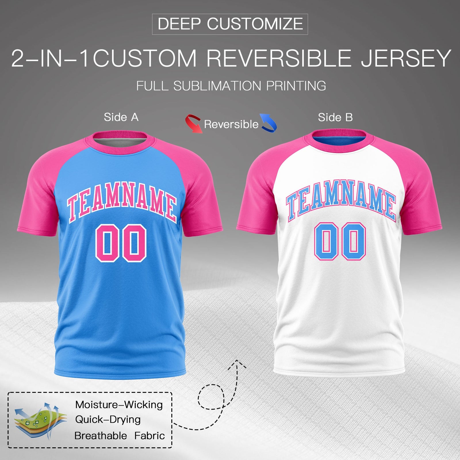 Custom Powder Blue Pink White Reversible Raglan Sleeves Quick Dry T-shirt| KXKSHOP