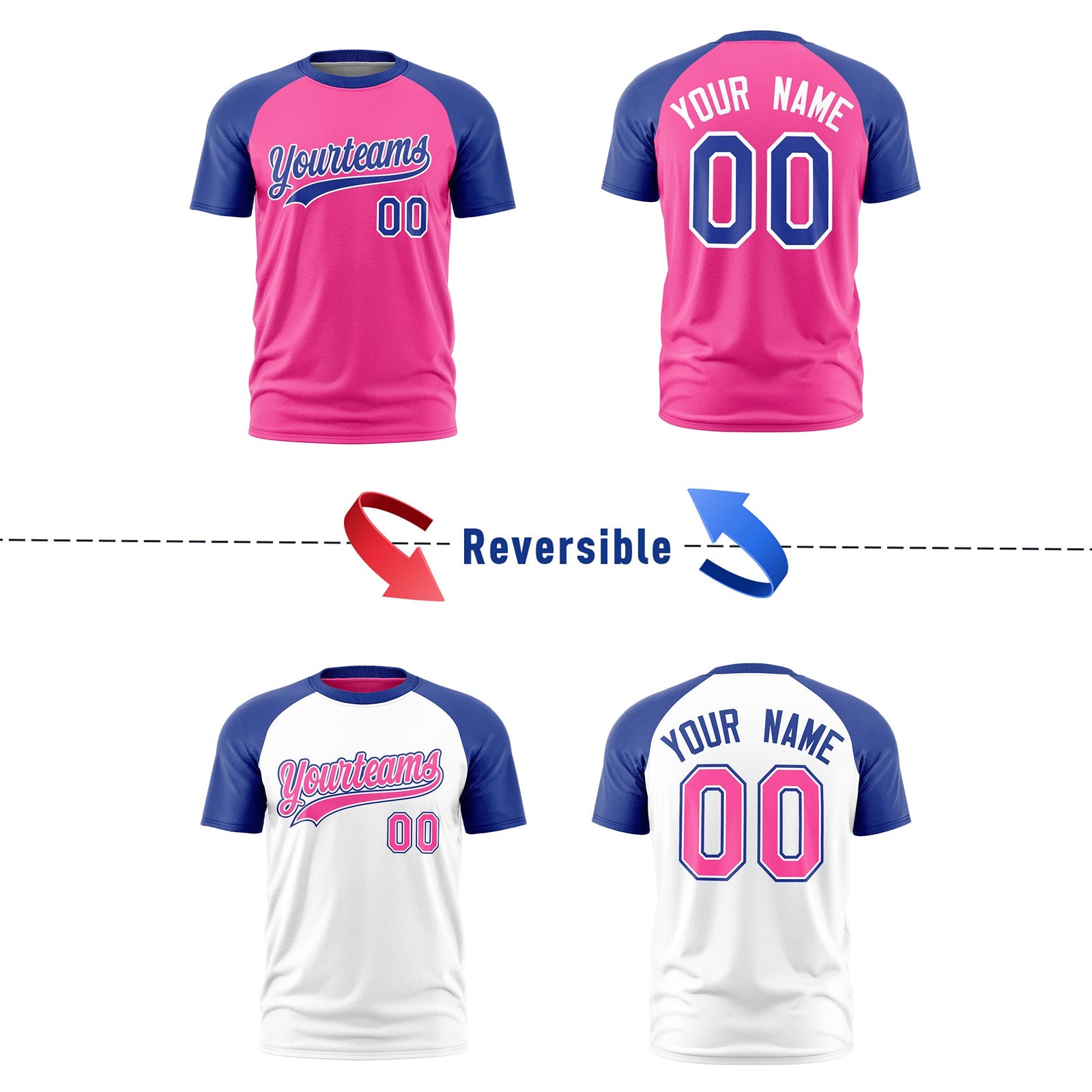 Custom Pink White Royal Blue Reversible Raglan Sleeves Quick Dry T-shirt| KXKSHOP
