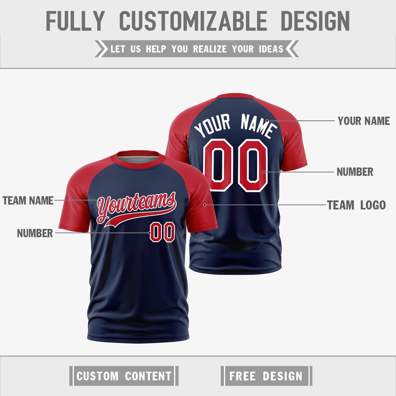 Custom Navy Red White Reversible Raglan Sleeves Moisture-Wicking T-shirt| KXKSHOP