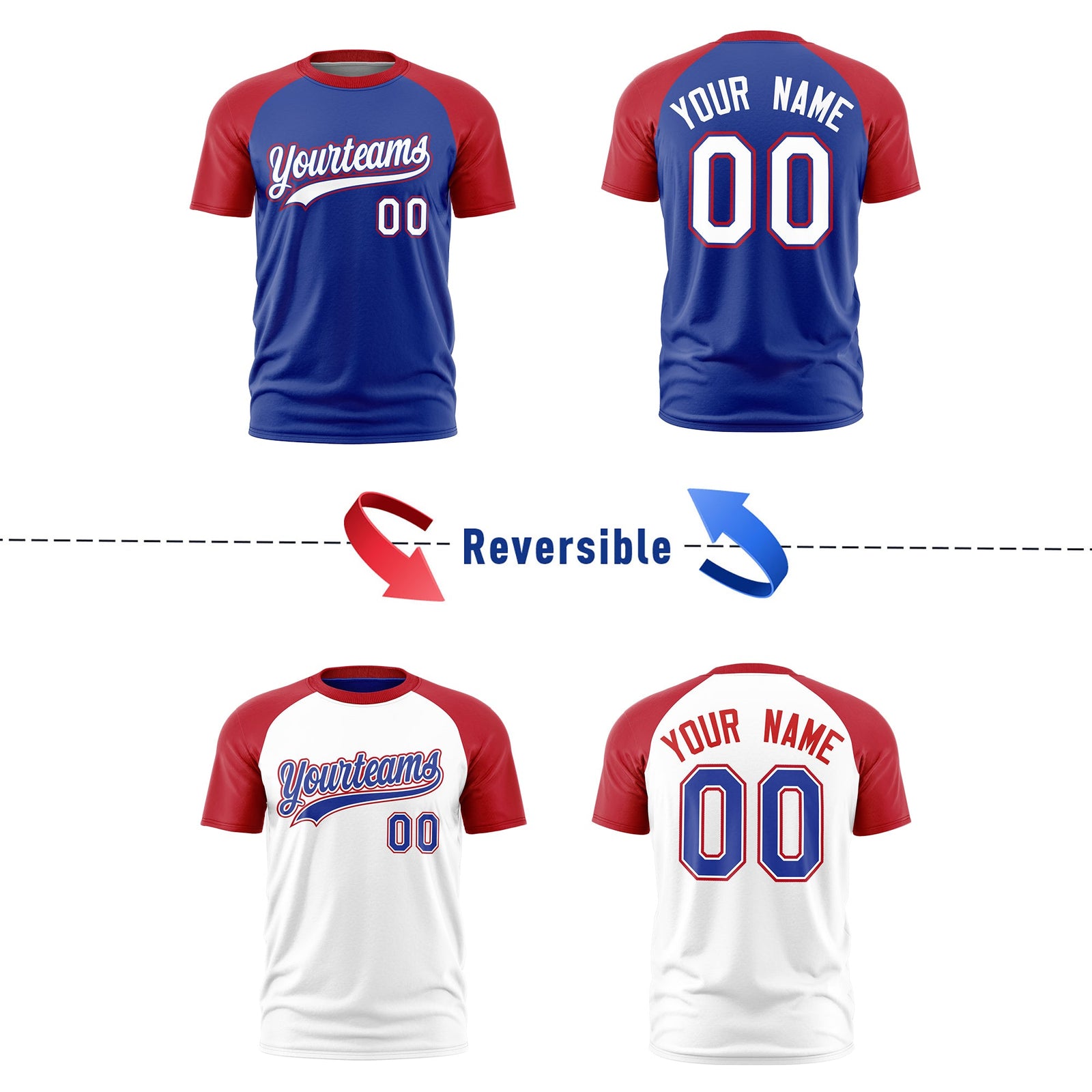 Custom Royal Blue Red White Reversible Raglan Sleeves Quick Dry T-shirt| KXKSHOP
