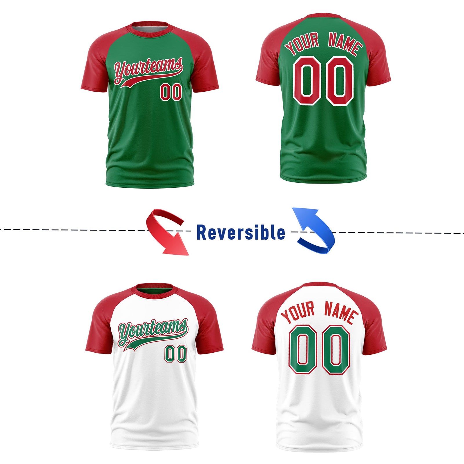Custom Kelly Green Red White Reversible Raglan Sleeves Quick Dry T-shirt| KXKSHOP